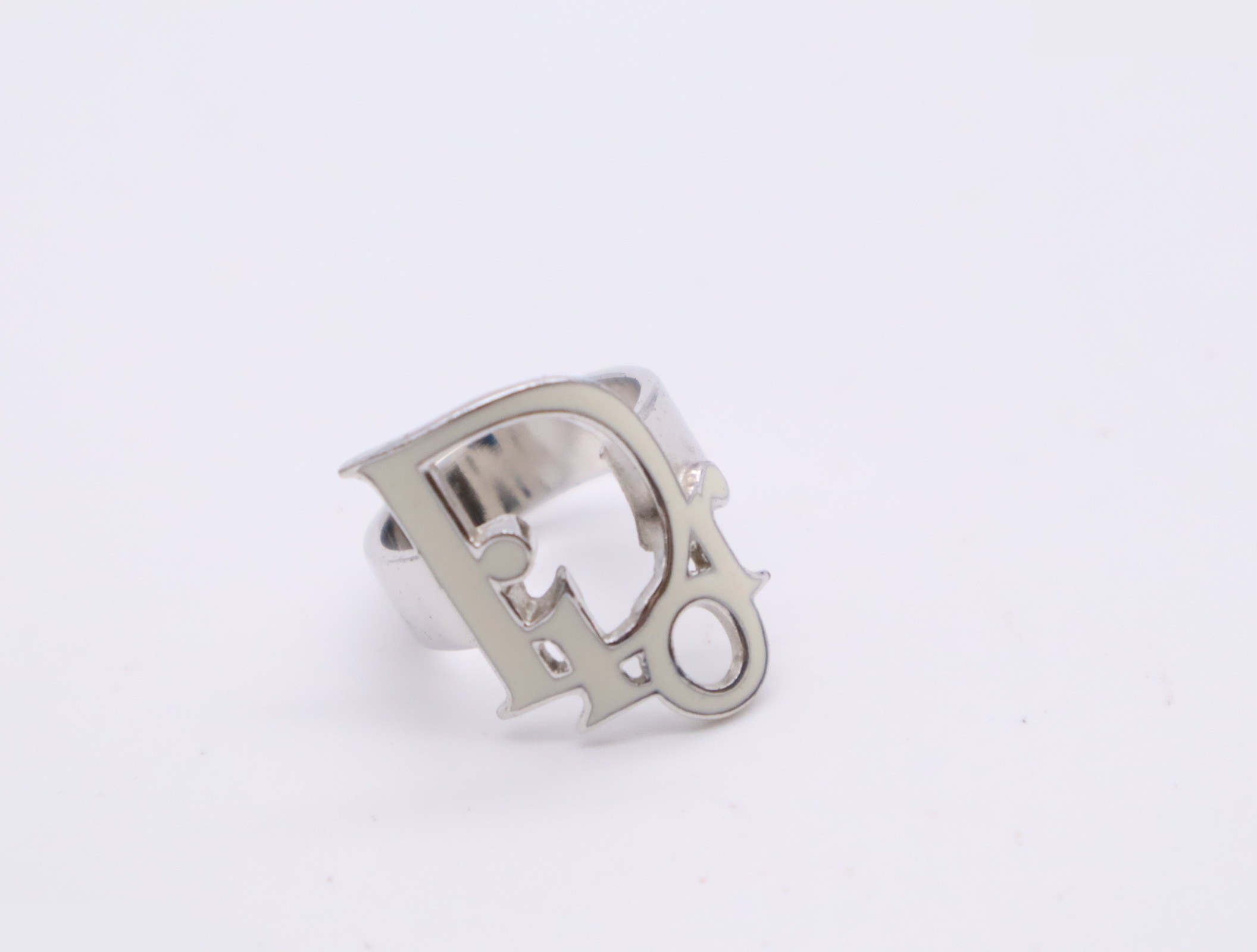 Metal/Enamel Dior Logo Design Ring, White Silver, Size #11 — view 3