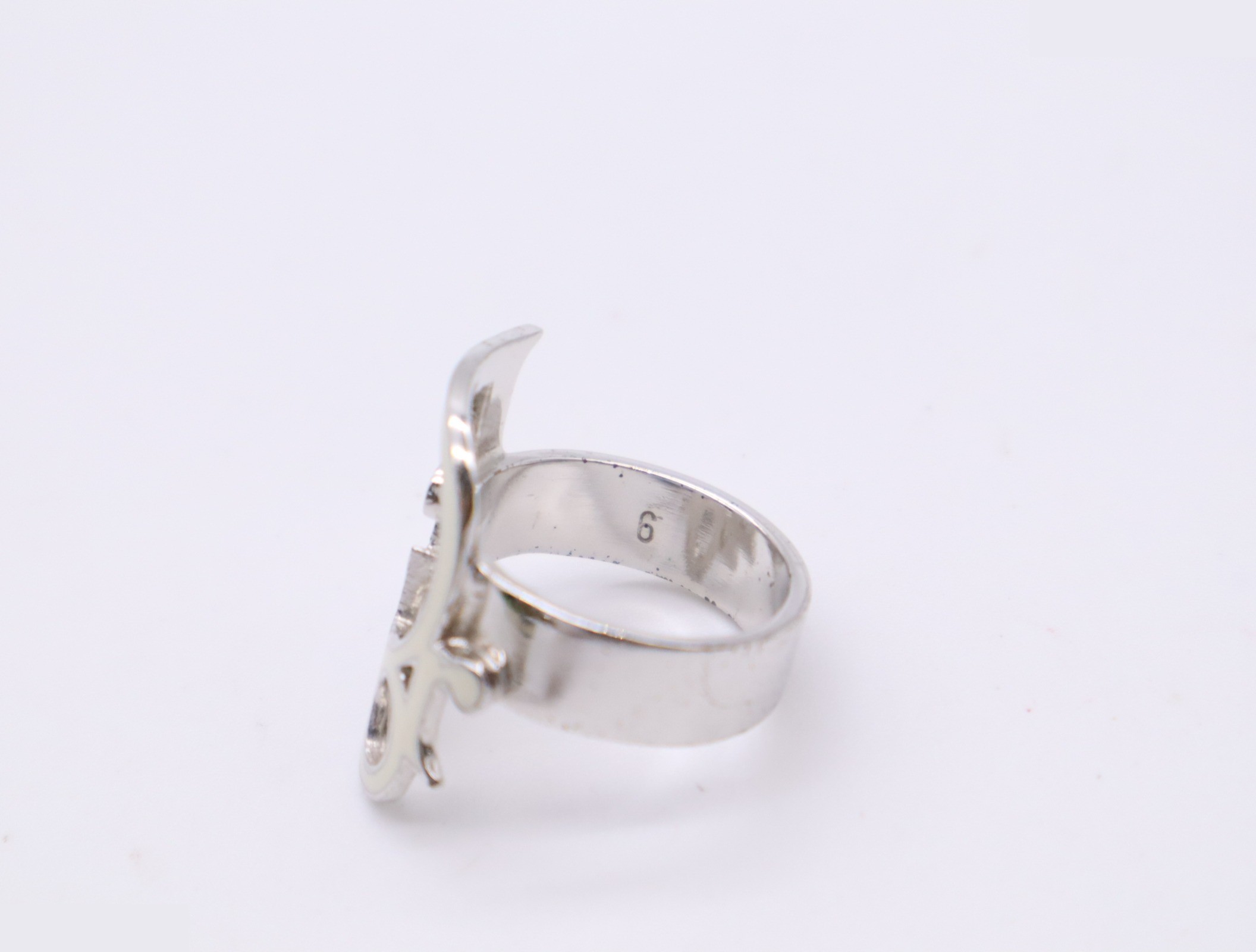 Metal/Enamel Dior Logo Design Ring, White Silver, Size #11 — view 4