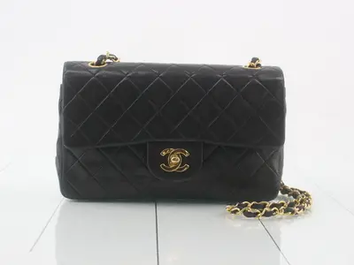 Matelassé Double Flap Lambskin Chain Shoulder Bag, Black