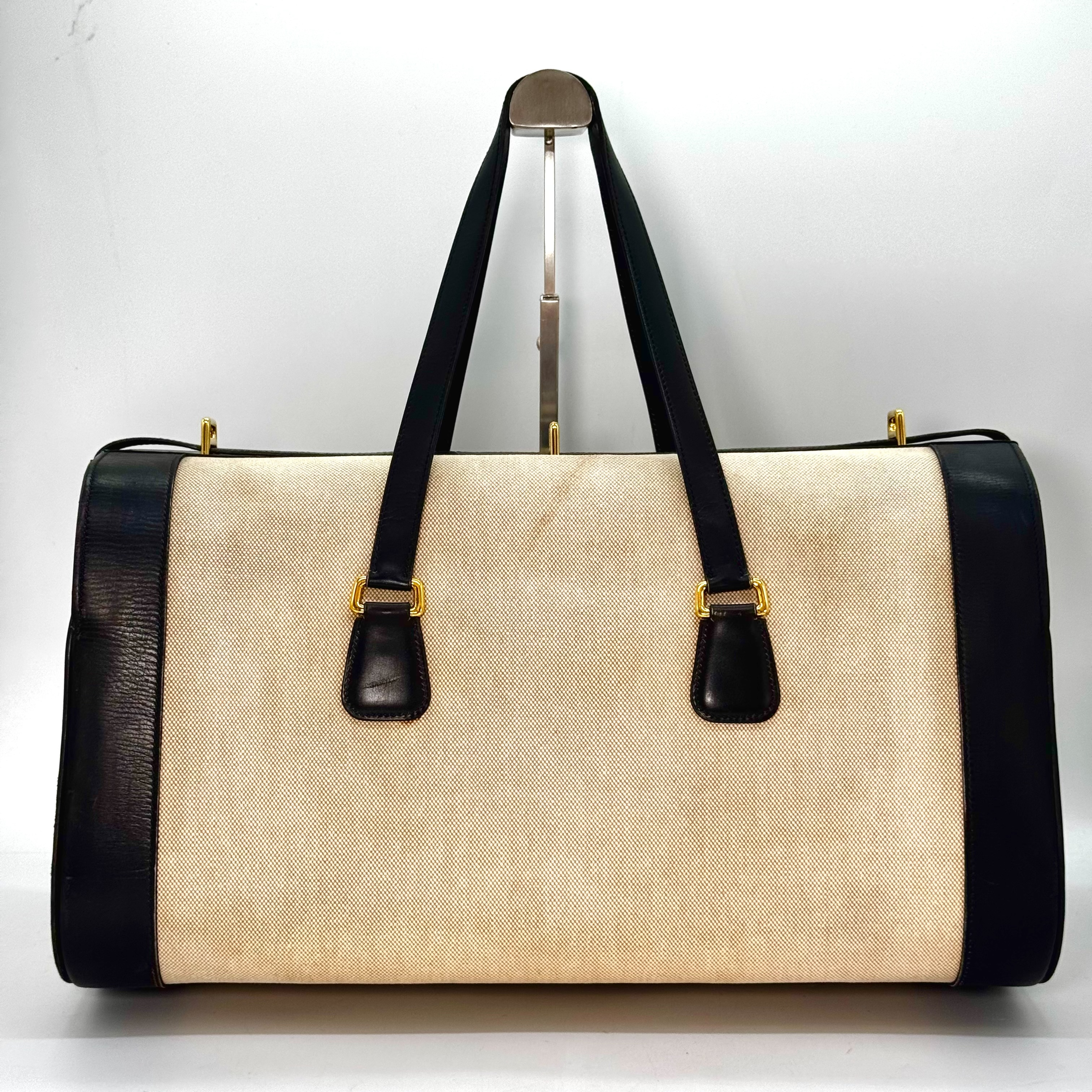Boston bag, beige canvas and leather. — view 2