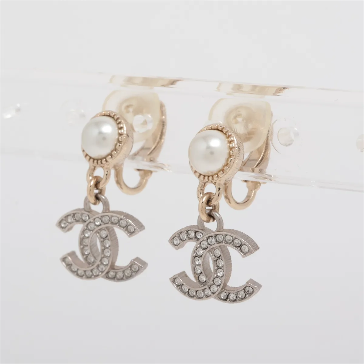 Coco Mark B24K Earrings (Pair) GP x Rhinestone x Faux Pearl Gold. Shows signs of wear including — view 3