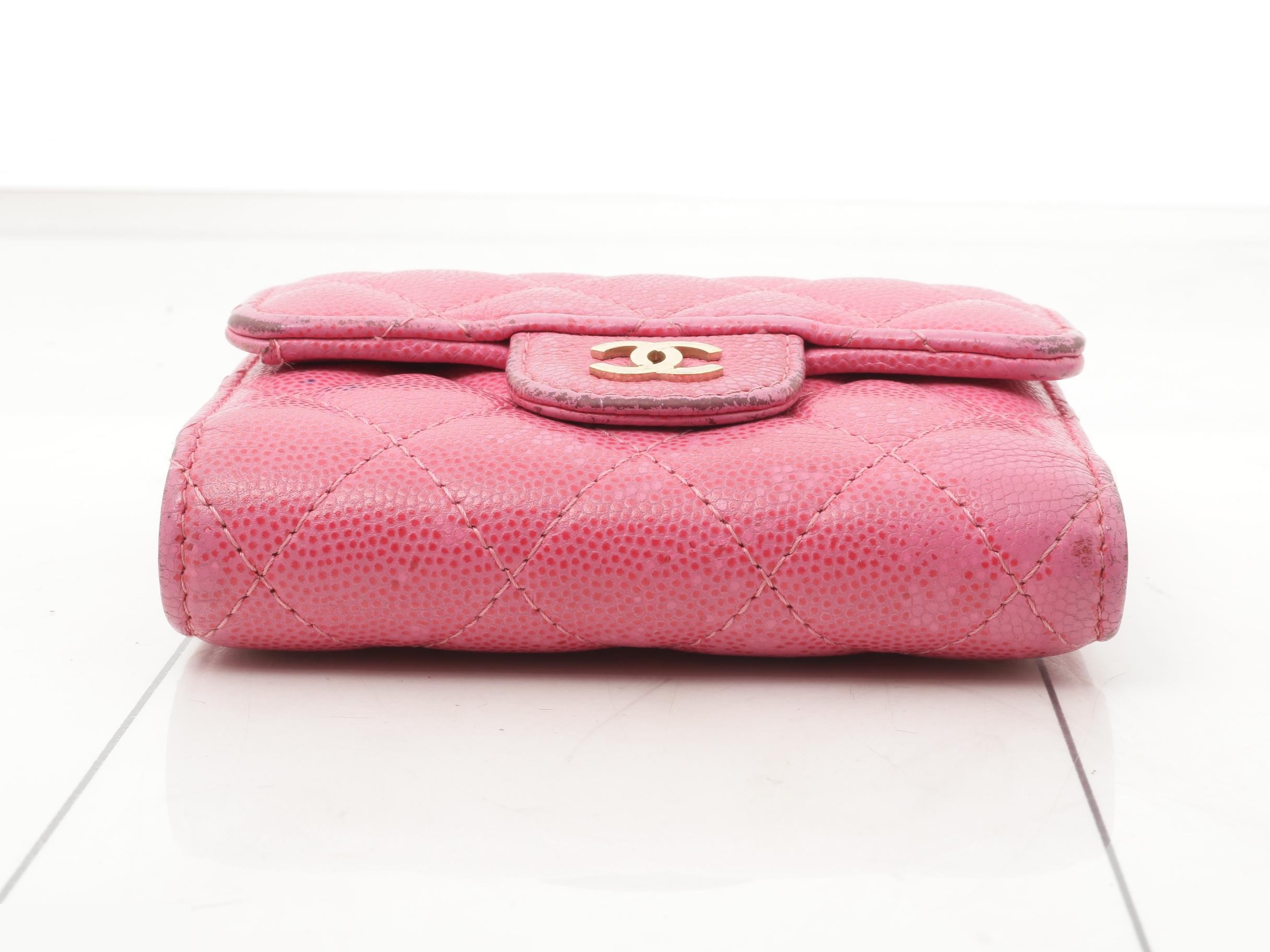 Matelassé Caviar Skin Tri-fold Wallet, Pink — view 3