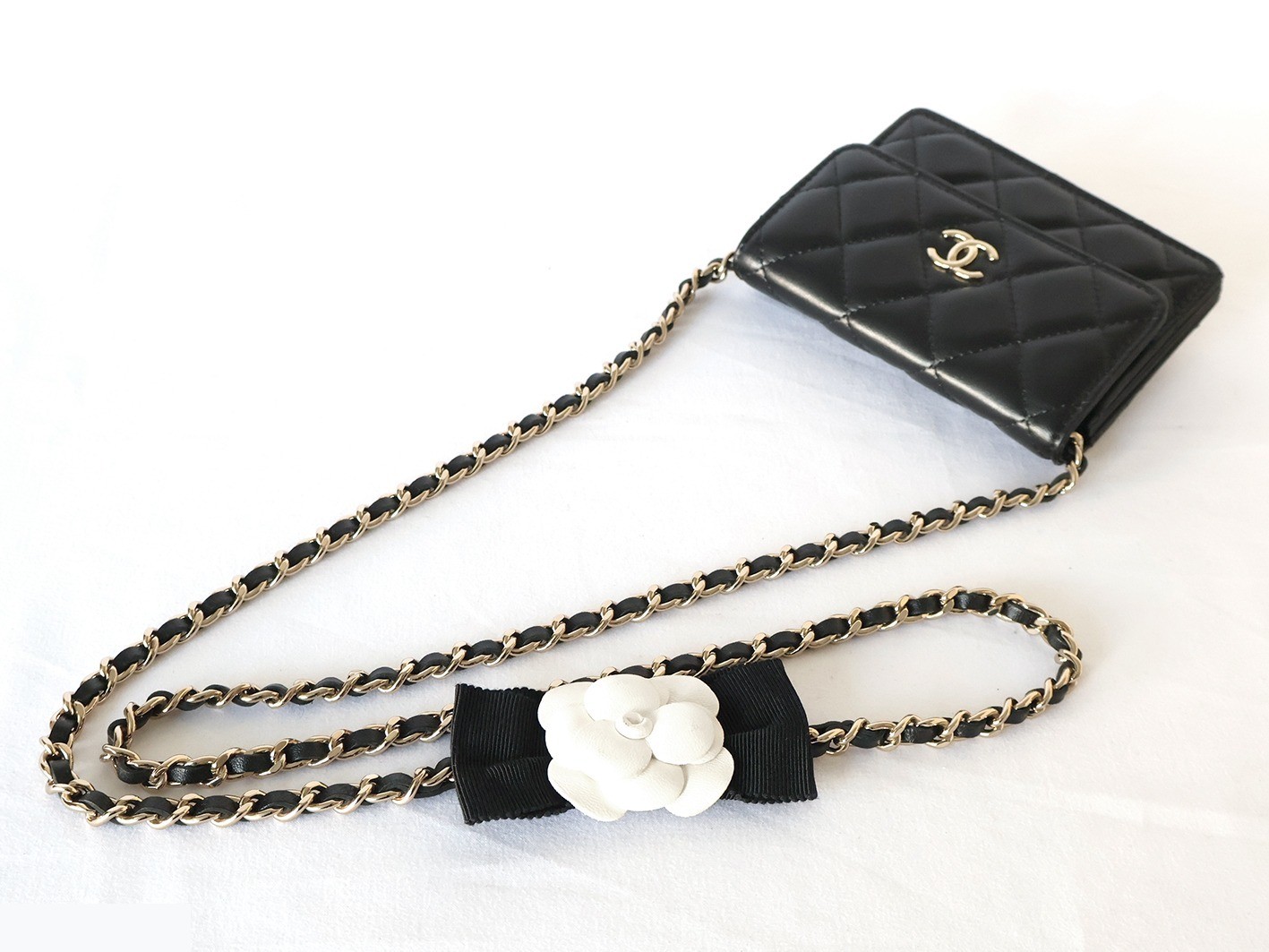 Matelassé Lambskin Camellia Chain Shoulder Bag, Black — view 8