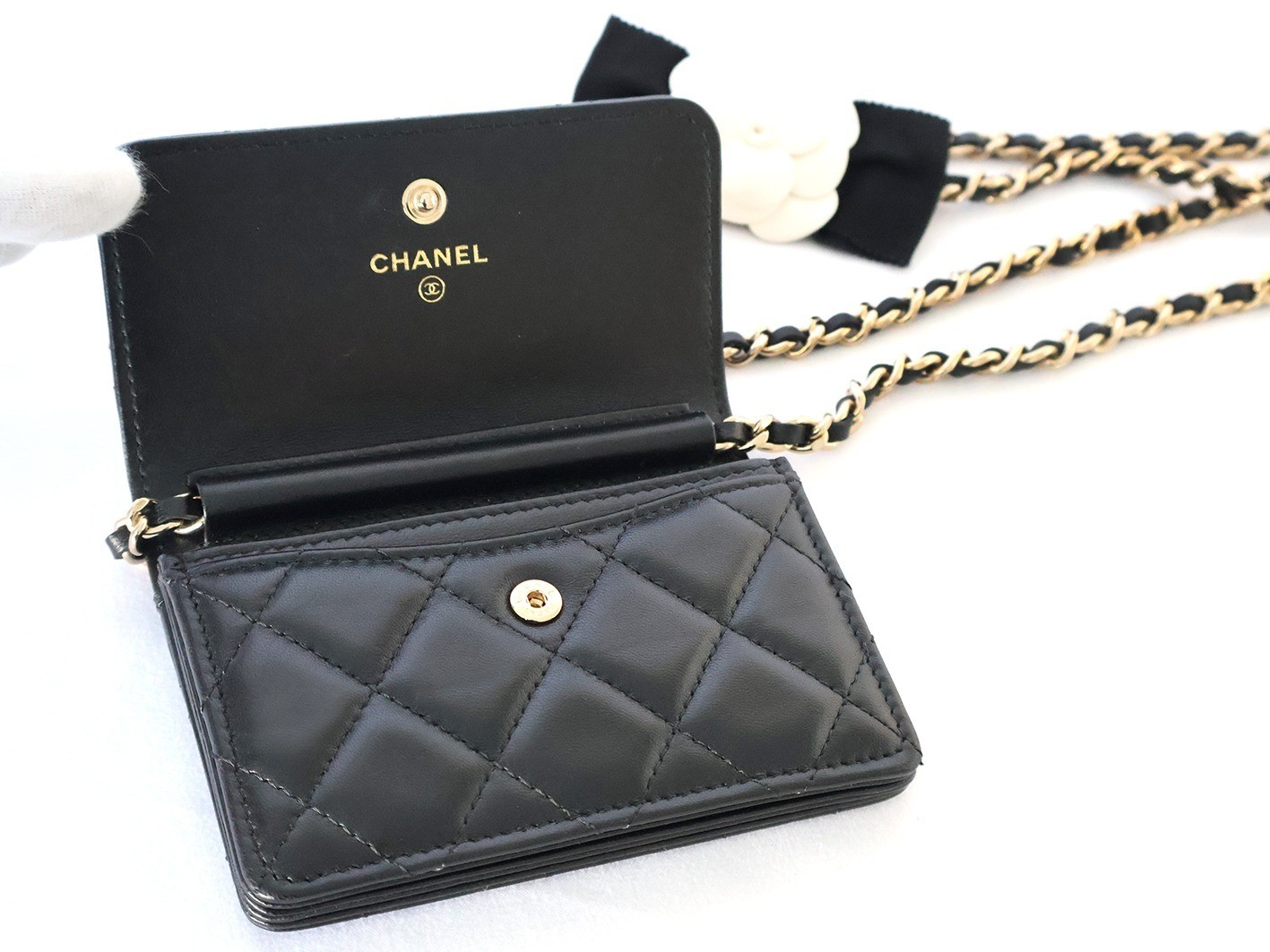 Matelassé Lambskin Camellia Chain Shoulder Bag, Black — view 10