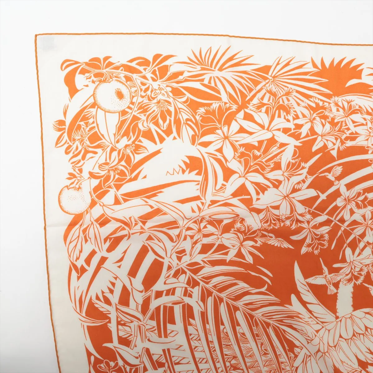 Carre Geant Flamingo Party scarf, cashmere x silk, orange. Shows signs of wear, — view 2
