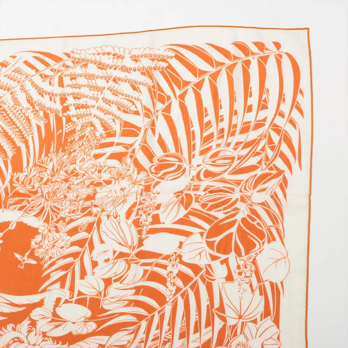 Carre Geant Flamingo Party scarf, cashmere x silk, orange. Shows signs of wear, — view 3