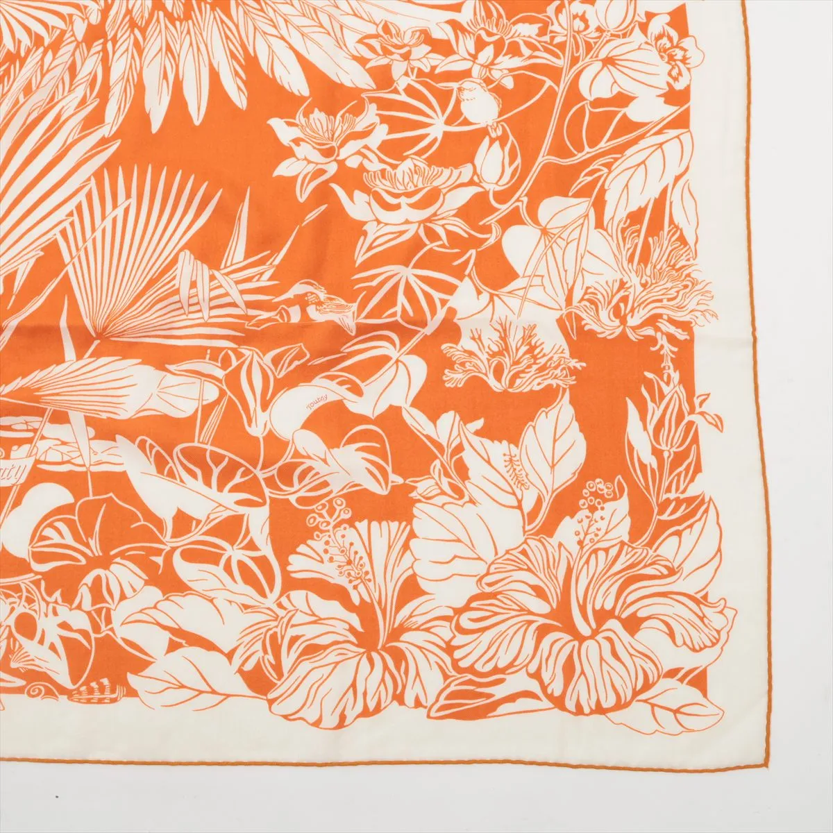 Carre Geant Flamingo Party scarf, cashmere x silk, orange. Shows signs of wear, — view 4