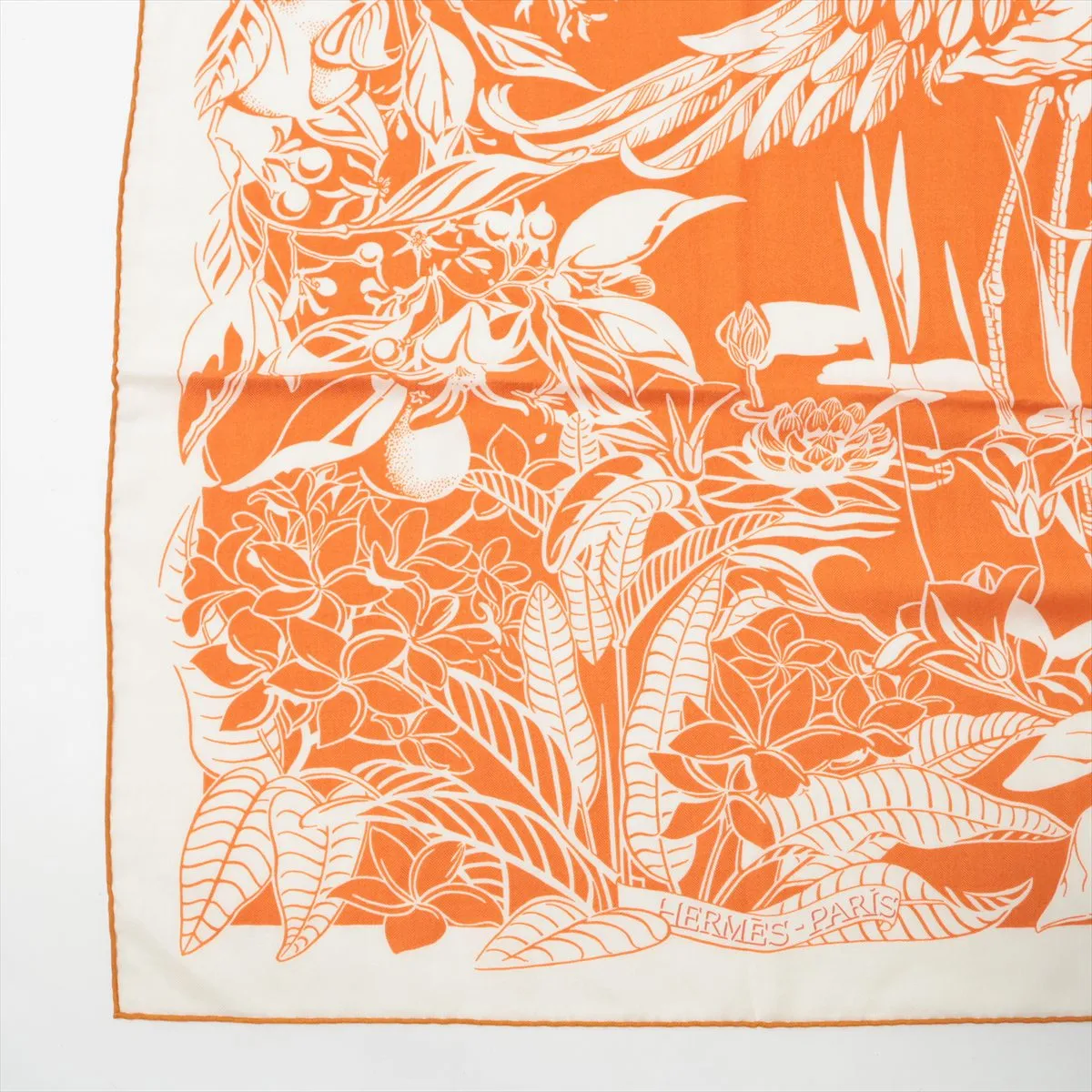 Carre Geant Flamingo Party scarf, cashmere x silk, orange. Shows signs of wear, — view 5