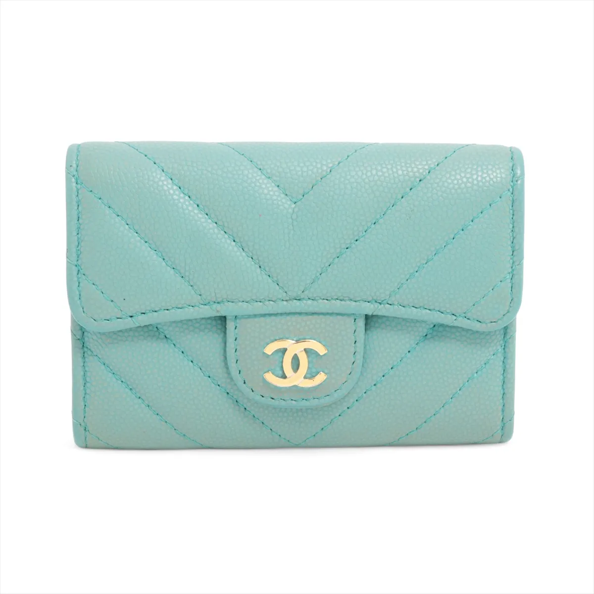 V Stitch Caviar Skin Card Case Mint Gold Hardware 27749090
