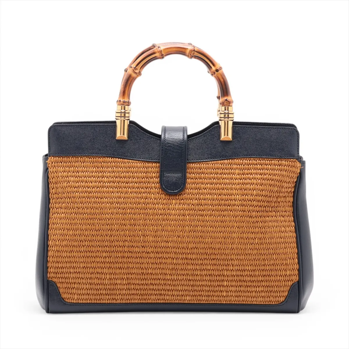 Bamboo Raffia x Leather 2-Way Handbag, Brown x Navy, 655657 — view 2