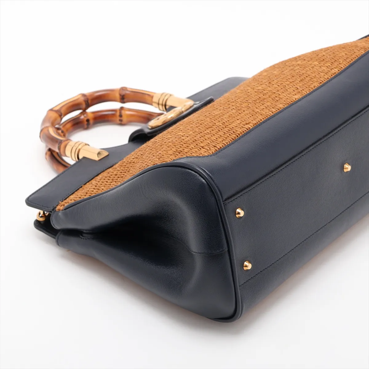 Bamboo Raffia x Leather 2-Way Handbag, Brown x Navy, 655657 — view 4