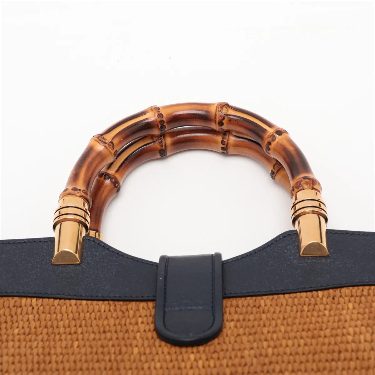 Bamboo Raffia x Leather 2-Way Handbag, Brown x Navy, 655657 — view 6