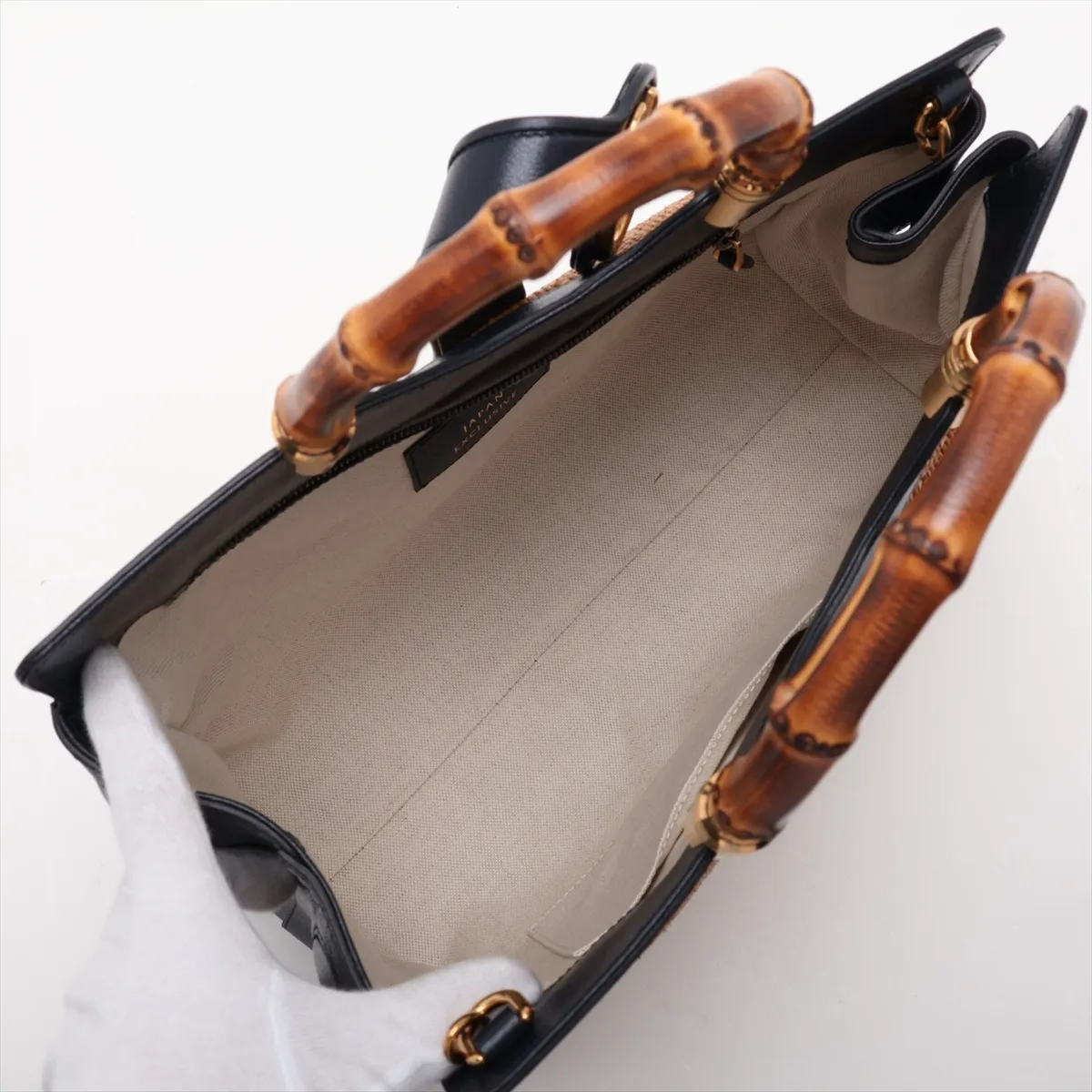 Bamboo Raffia x Leather 2-Way Handbag, Brown x Navy, 655657 — view 8