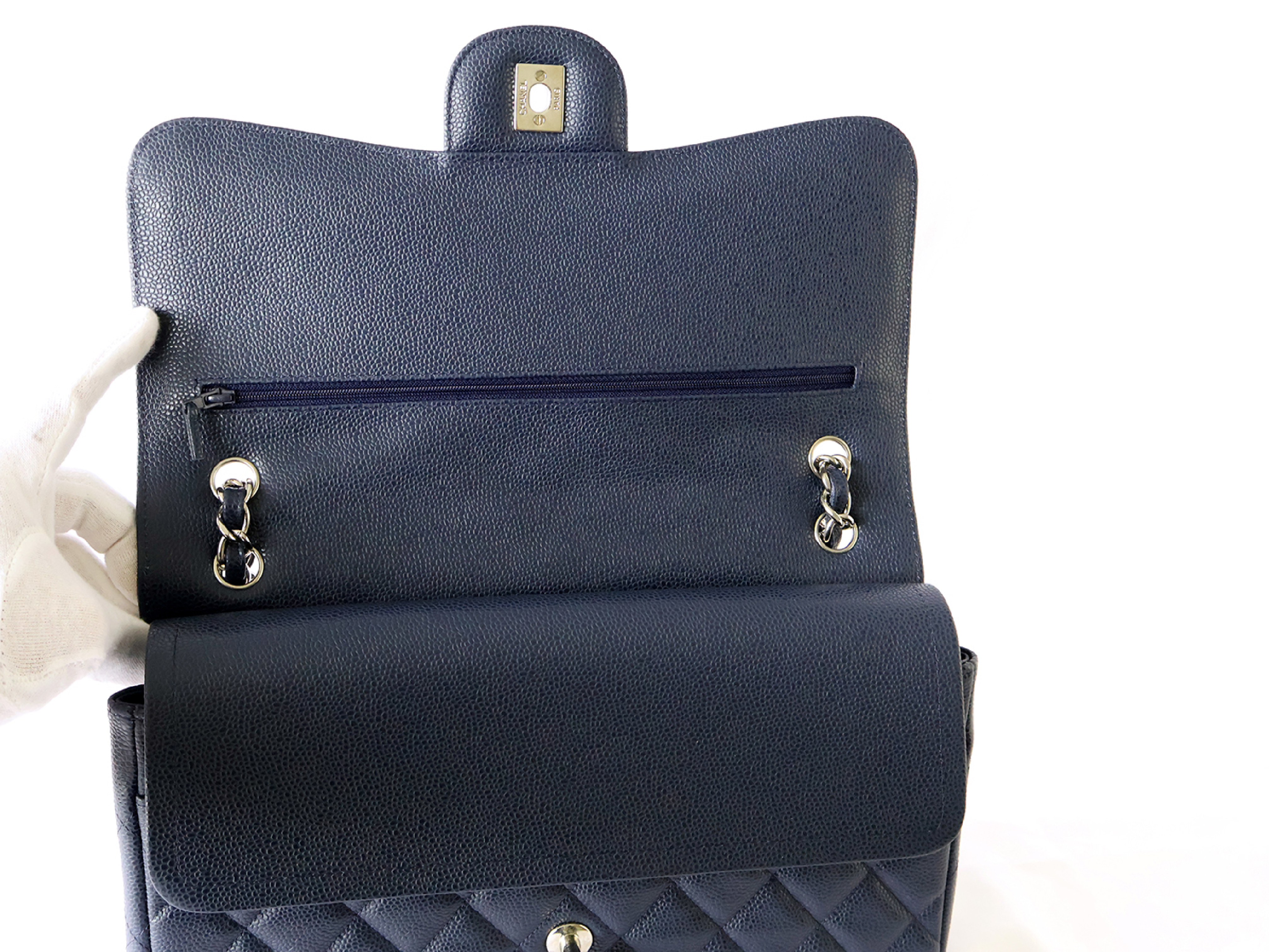 (with seal, serial number 16 series) Caviar leather large Matelassé double flap double chain shoulder bag, navy. — view 12
