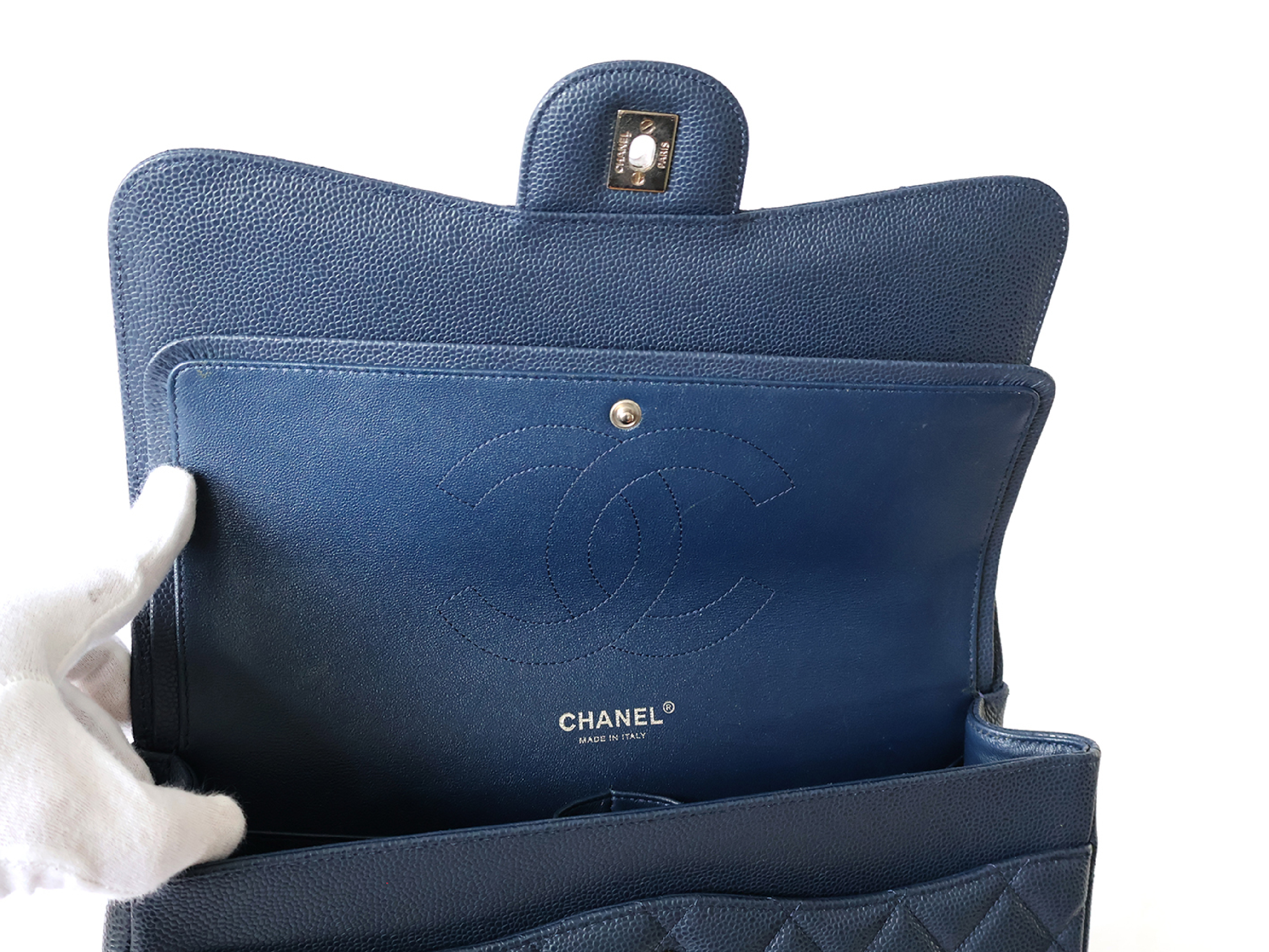 (with seal, serial number 16 series) Caviar leather large Matelassé double flap double chain shoulder bag, navy. — view 13