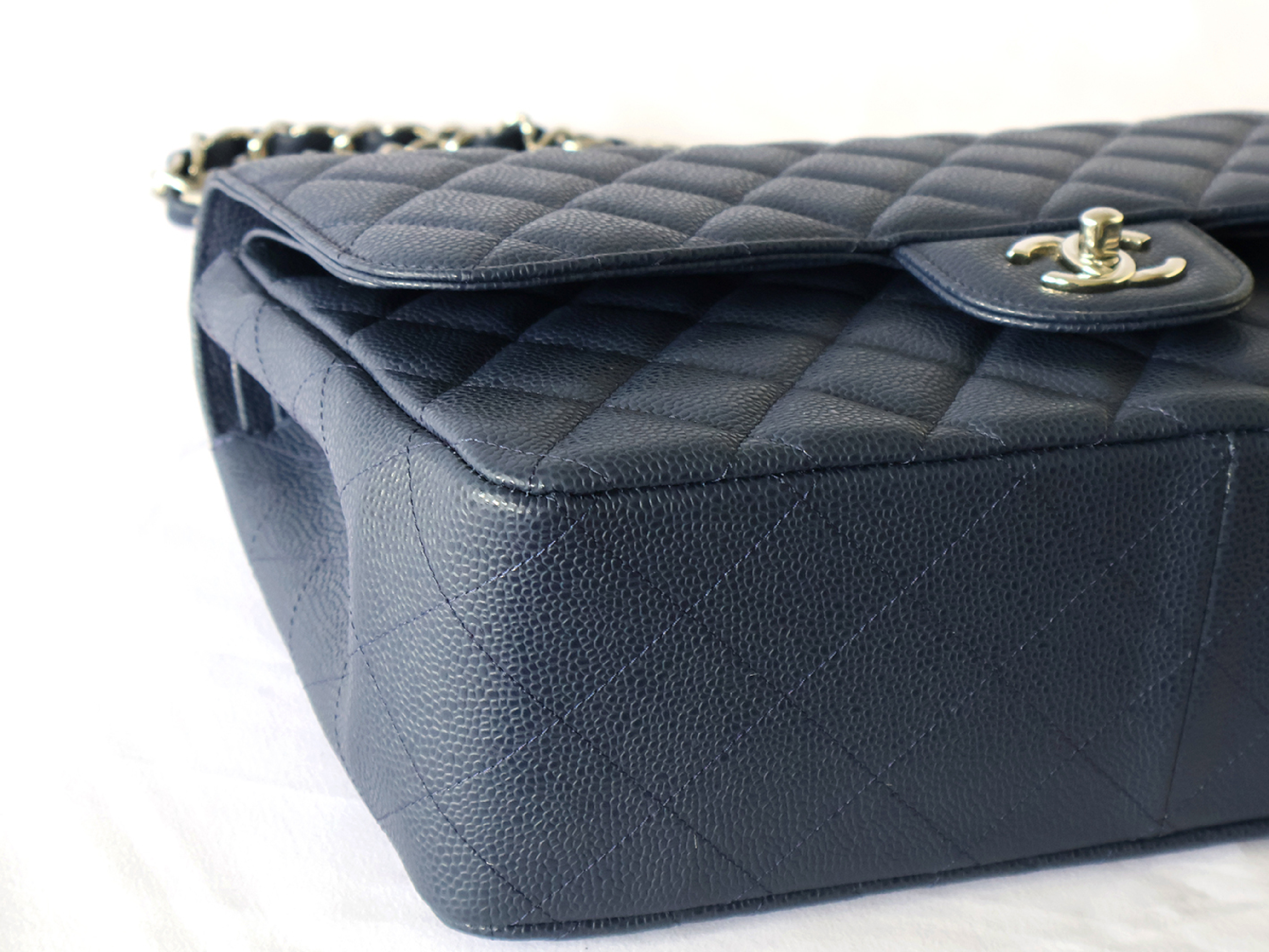 (with seal, serial number 16 series) Caviar leather large Matelassé double flap double chain shoulder bag, navy. — view 3