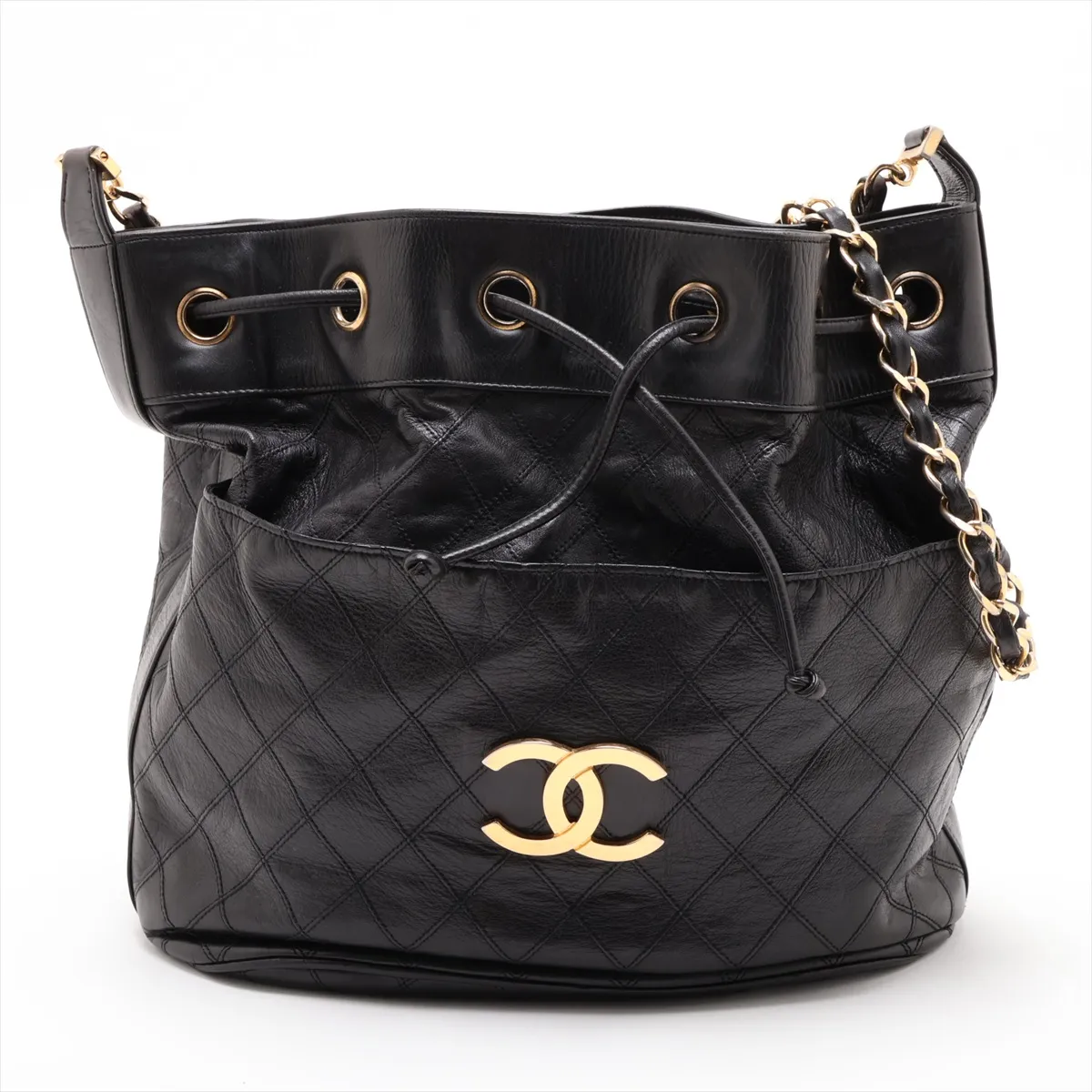Bicolore Lambskin Chain Shoulder Bag, Drawstring, Black with Gold Hardware