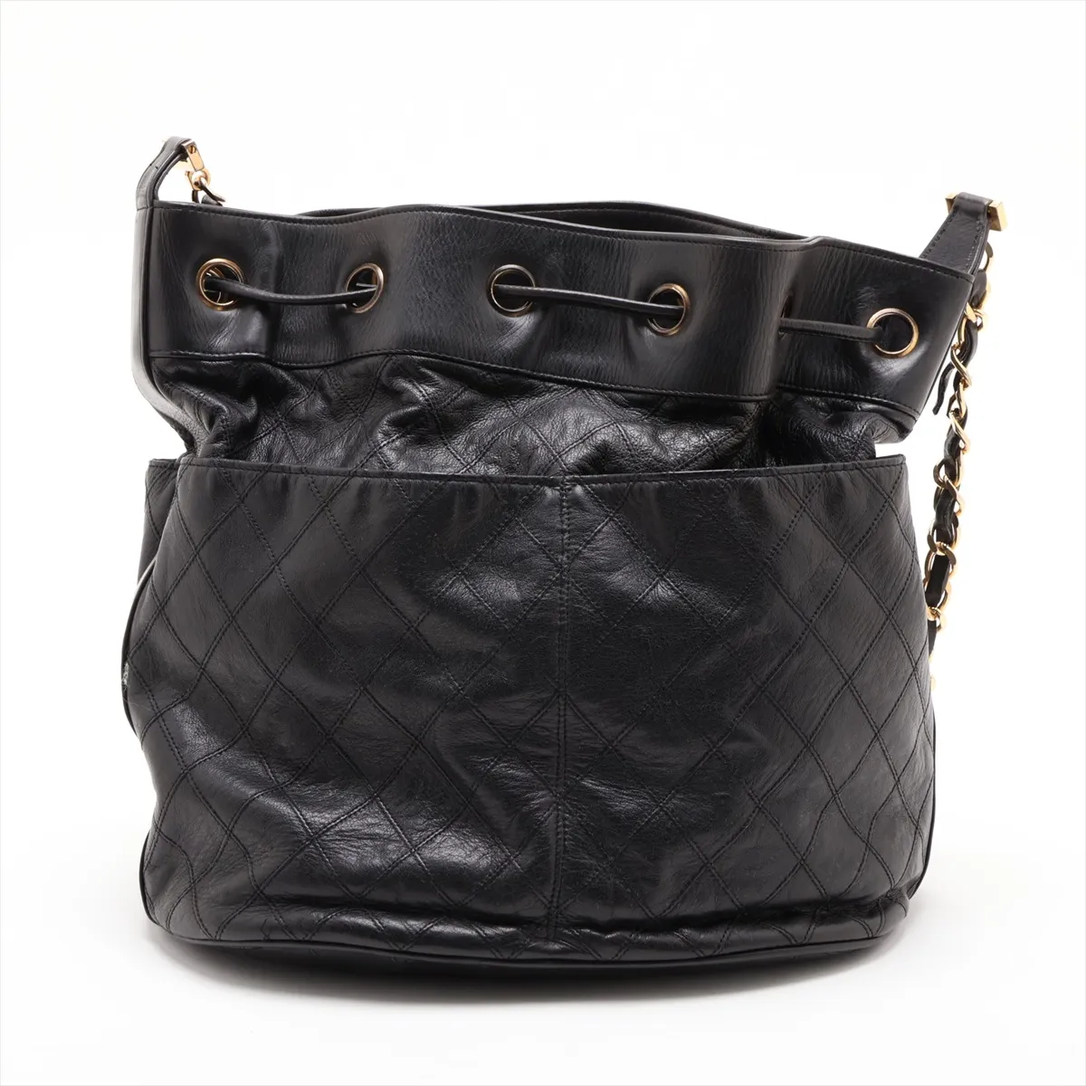 Bicolore Lambskin Chain Shoulder Bag, Drawstring, Black with Gold Hardware — view 2