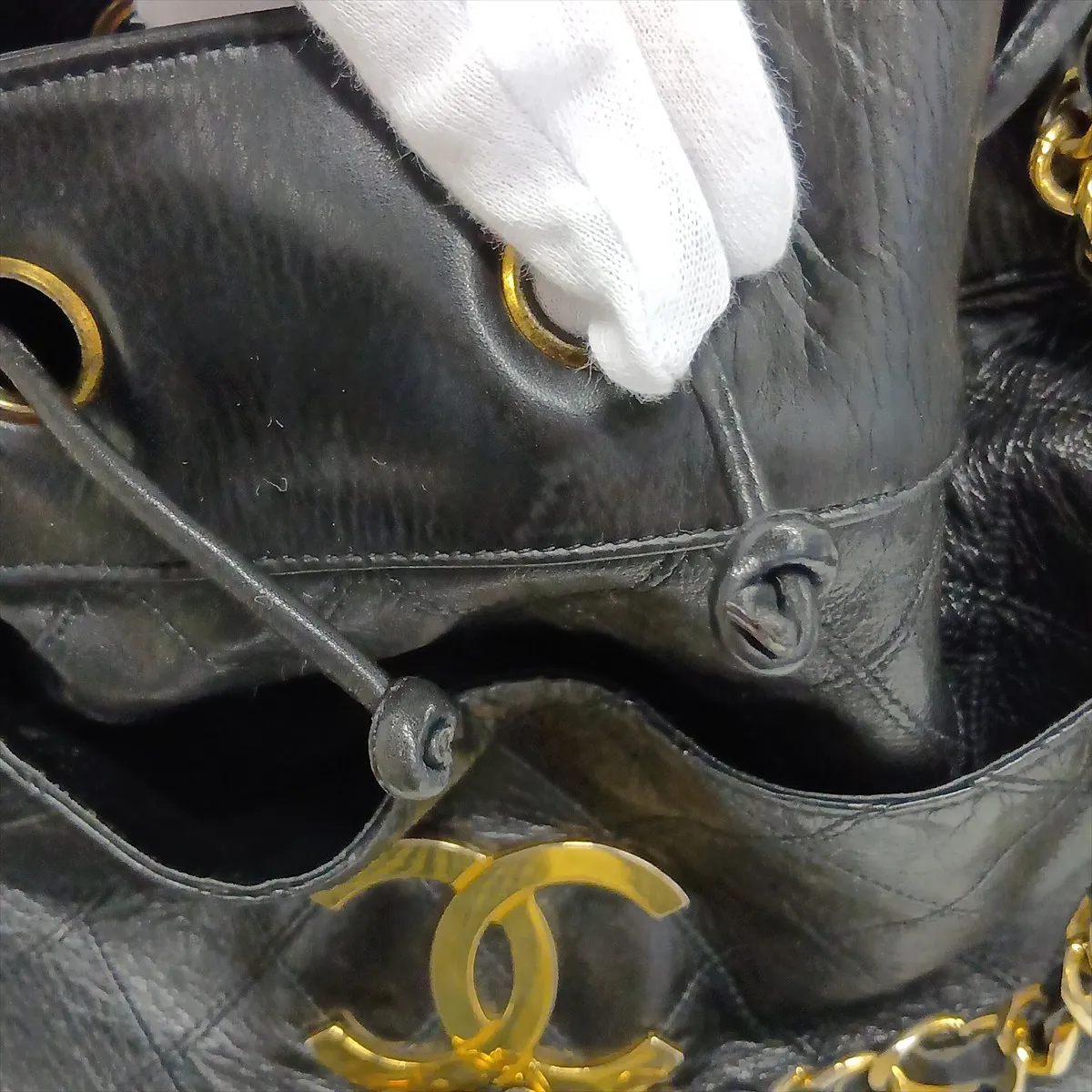 Bicolore Lambskin Chain Shoulder Bag, Drawstring, Black with Gold Hardware — view 15
