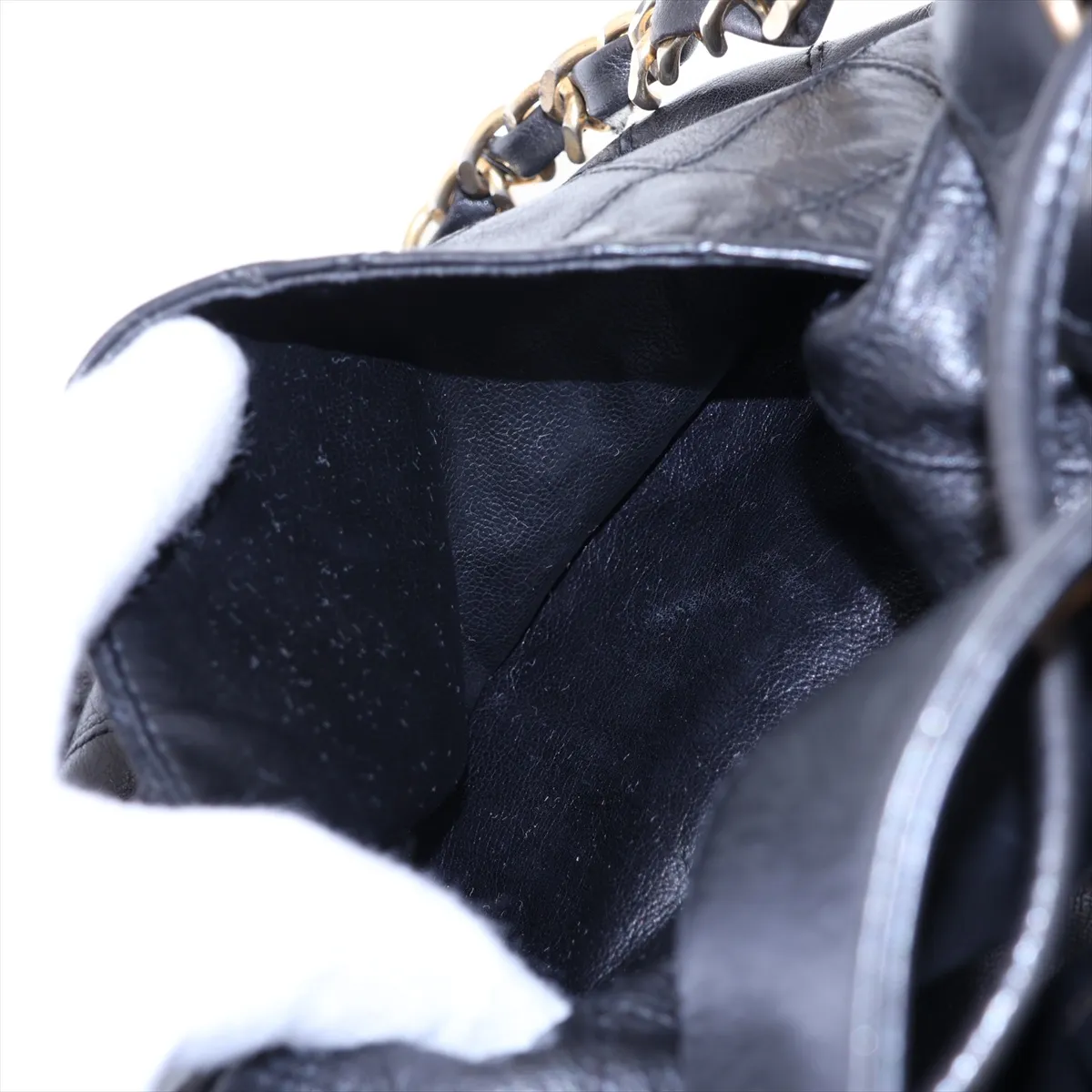 Bicolore Lambskin Chain Shoulder Bag, Drawstring, Black with Gold Hardware — view 9