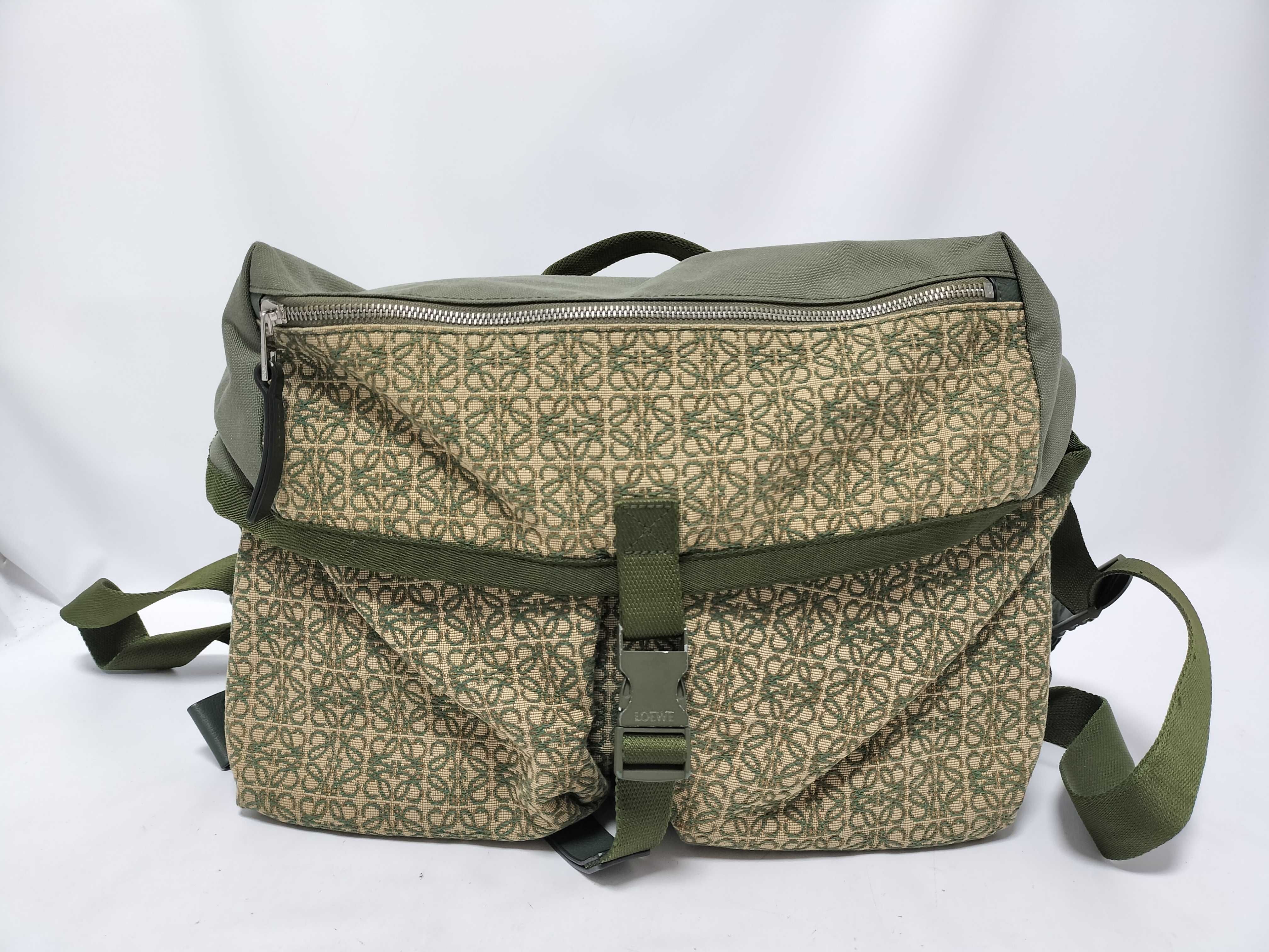 Repeat Anagram Postman Sling Canvas x Leather Shoulder Bag, Green