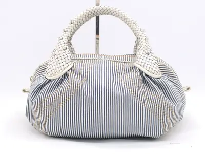 Denim canvas chef bag/handbag with dust bag, white/blue