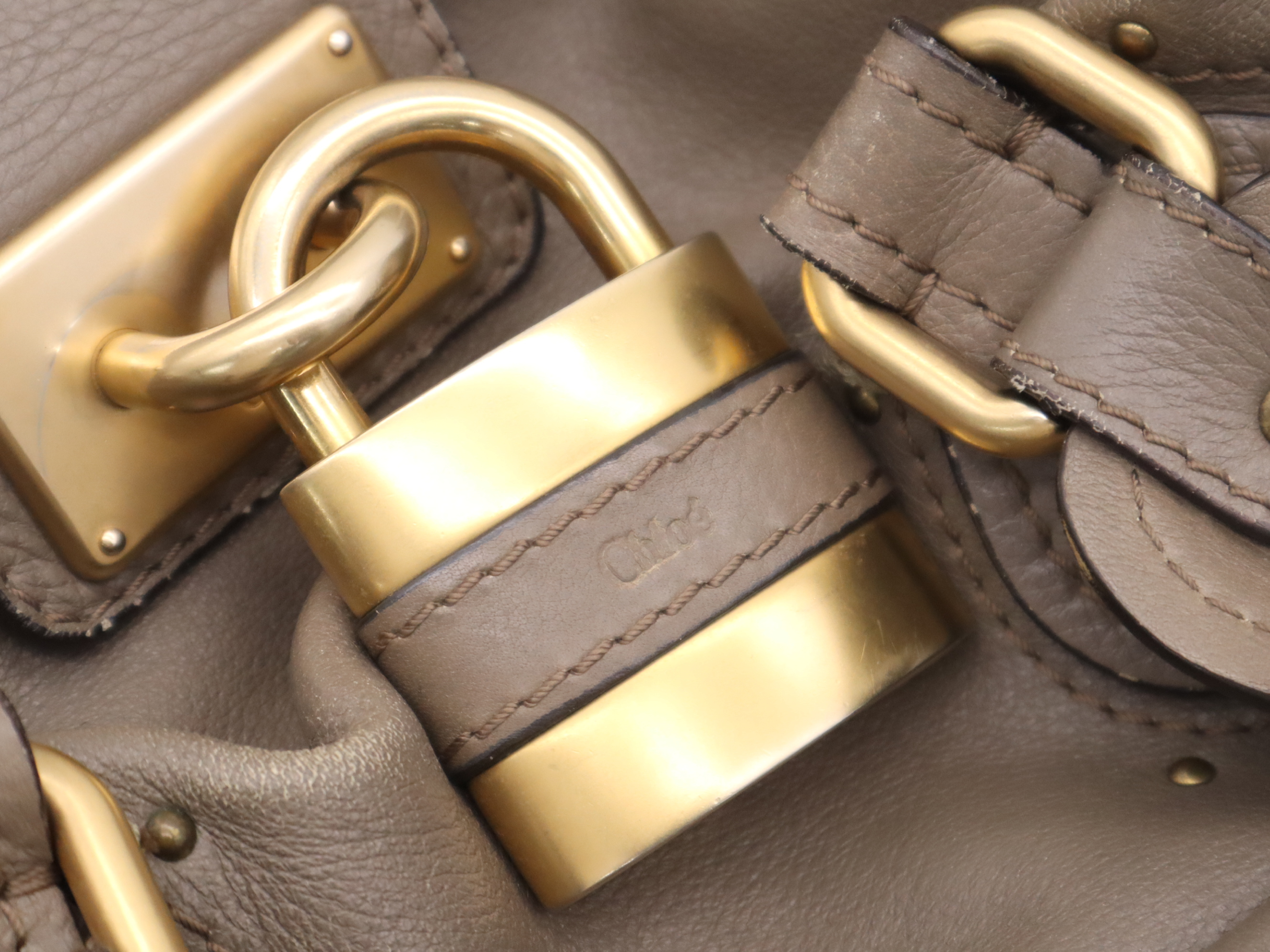 Leather Paddington Handbag, Brown, Gold Hardware, with Padlock and Key — view 13