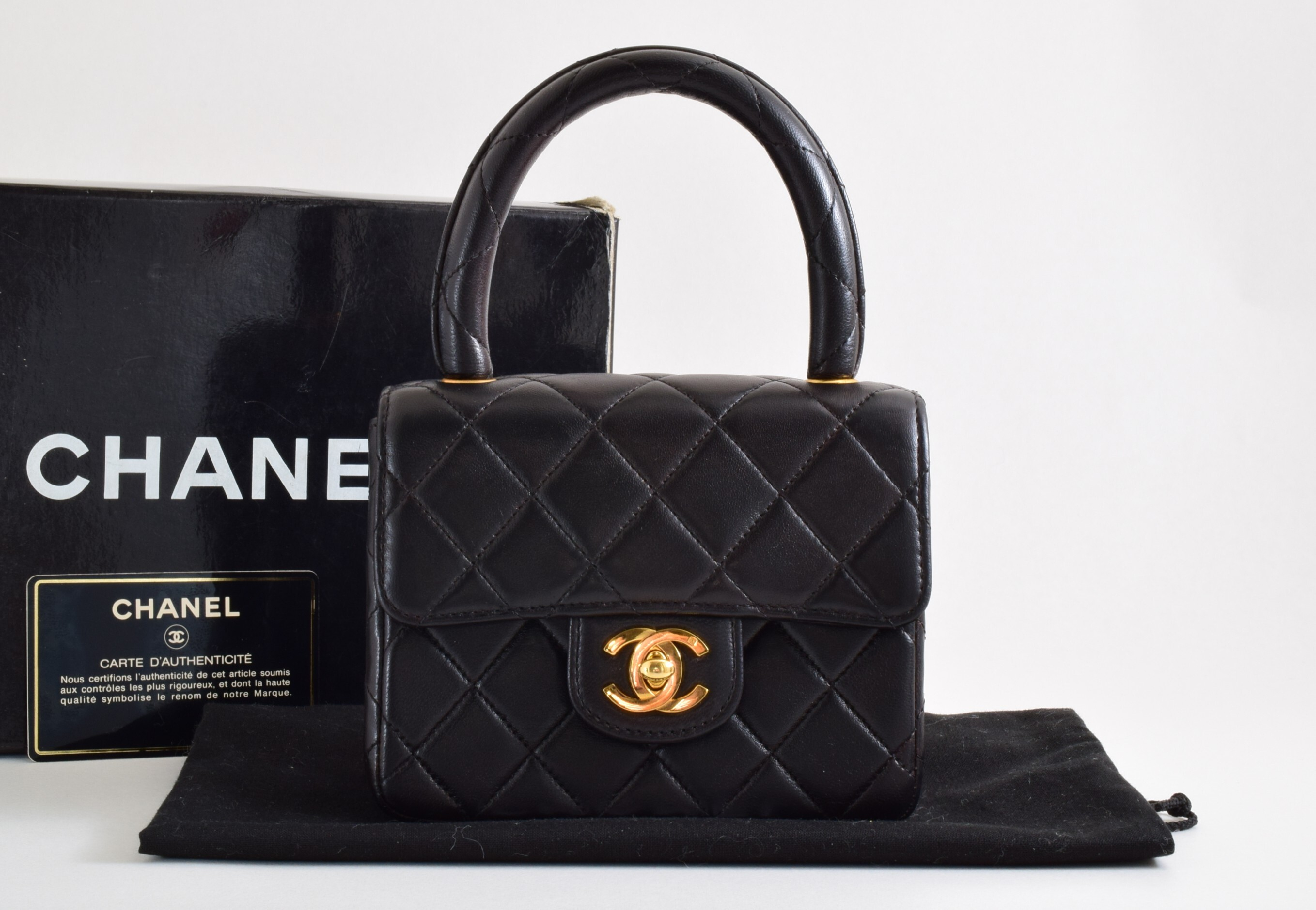 Matelasse Top Handle Black Handbag with Sticker and Card