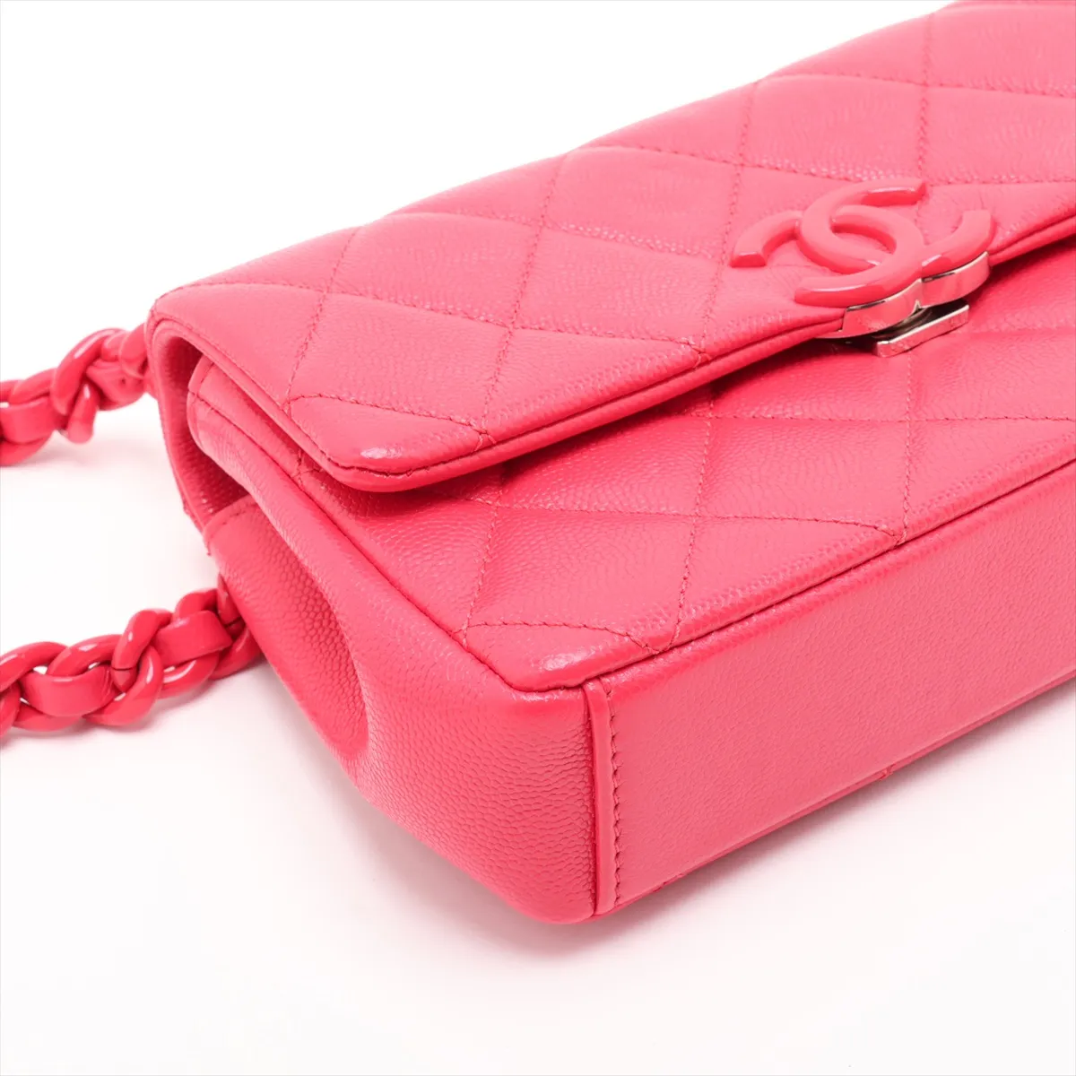 Matelassé Caviar Skin Chain Shoulder Bag, Pink, Silver Hardware, 30905578 (Serial Number in the 30s) — view 4
