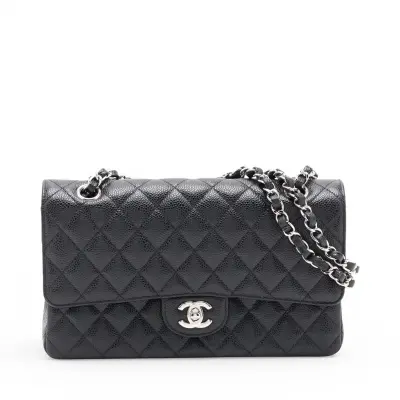 [Individually packaged] Chanel Matelassé 25 Caviar Skin Double Flap Double Chain Bag, Black with Silver Hardware, 25179509, Serial Number , A01112