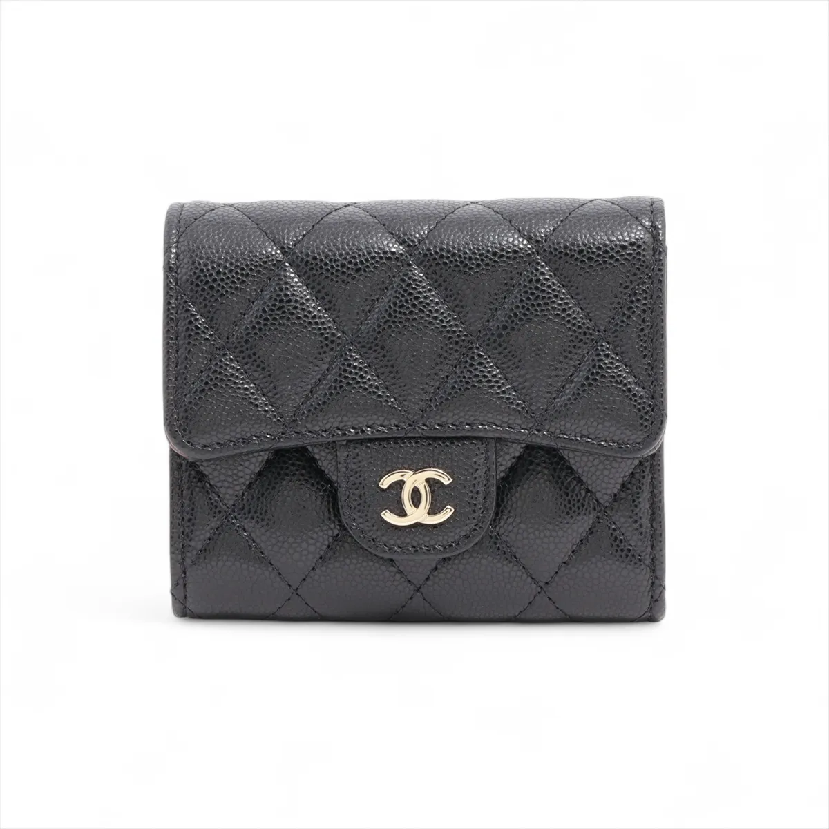 Matelasse Caviar Skin Compact Wallet Black Gold Hardware TP3X9E15