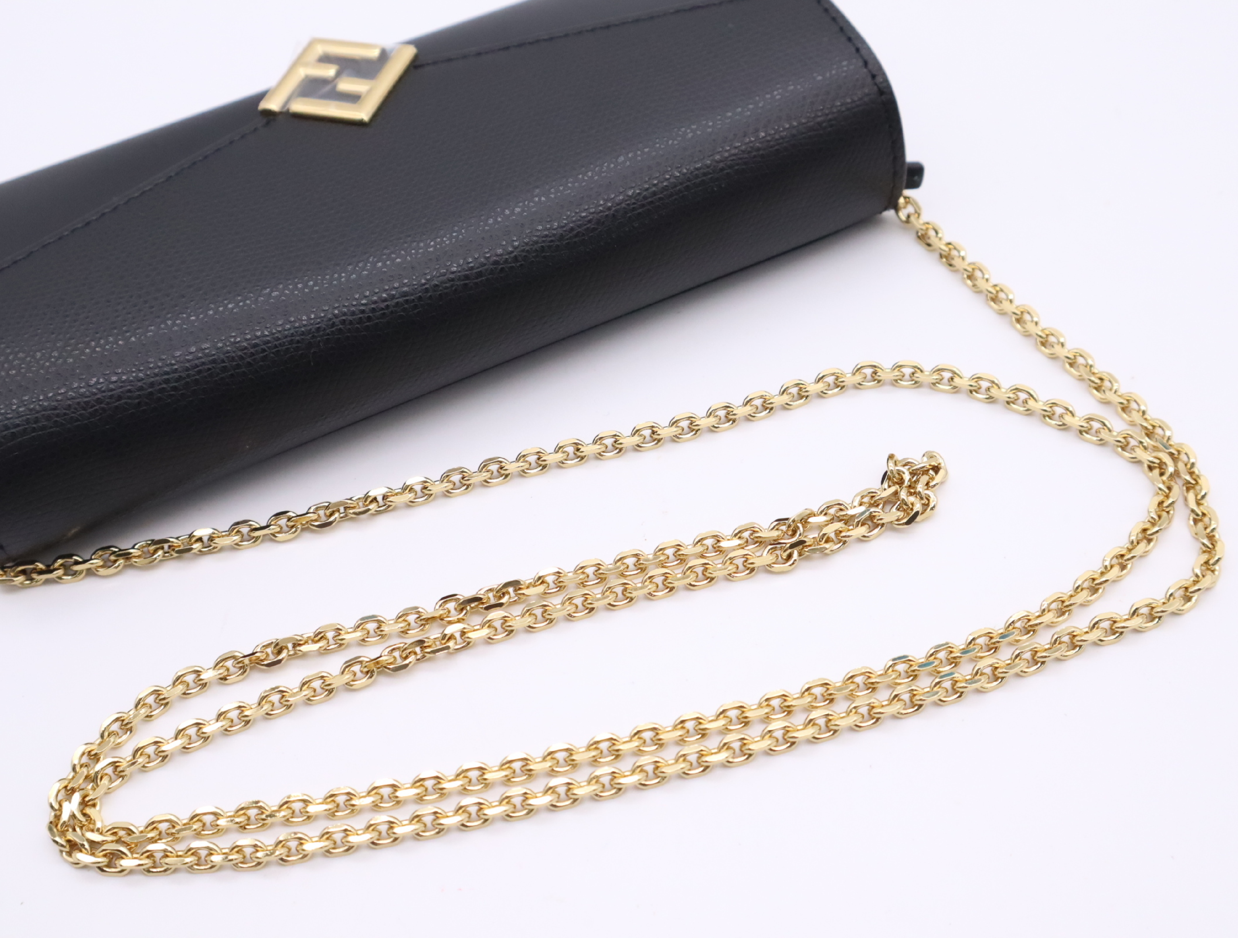 8M0365 FF Diamond Long Wallet with Chain, Black with Gold Hardware, Comes with Dust Bag and Box. — view 10