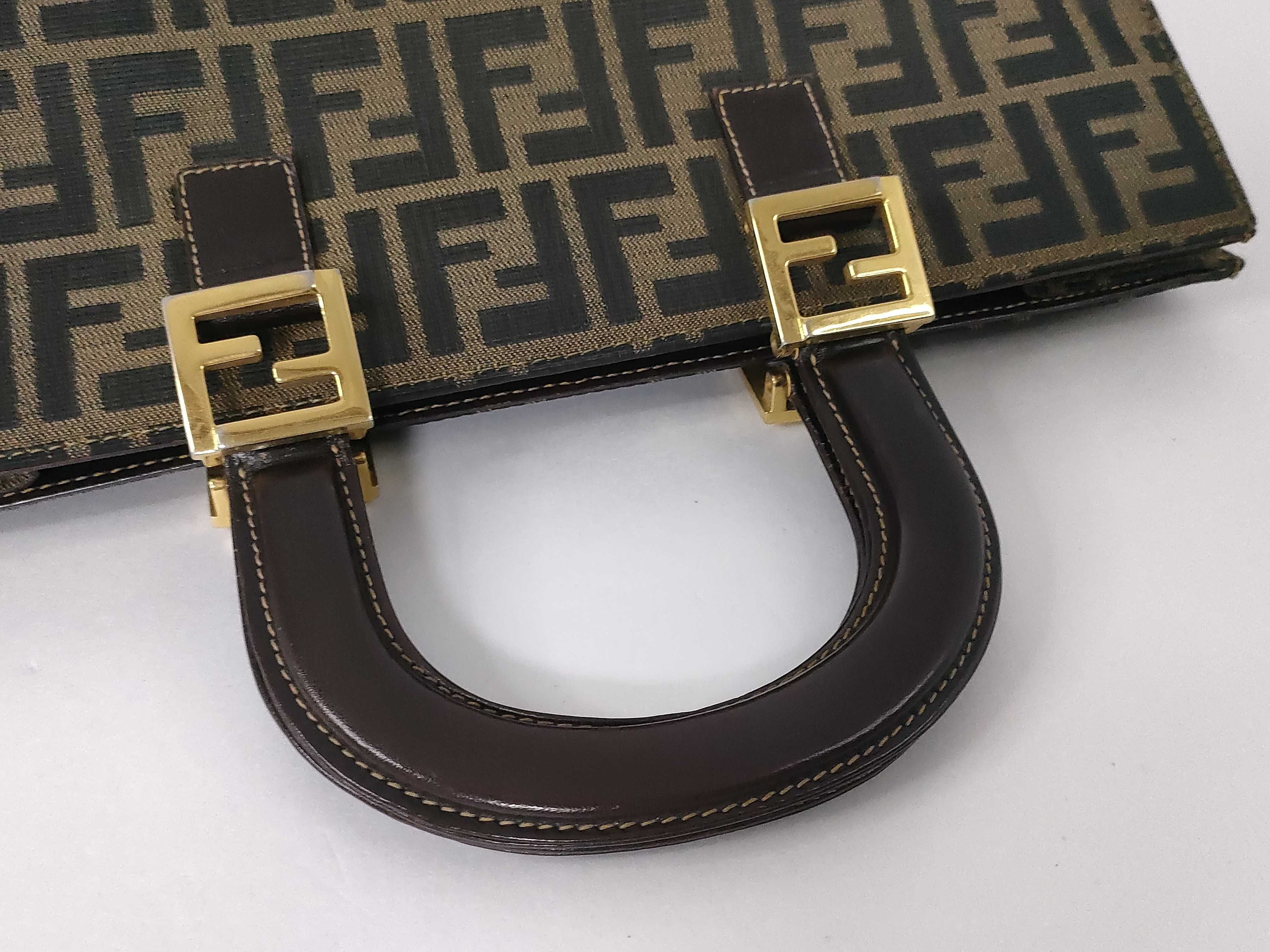 Zucca pattern tote bag/handbag with gold hardware, FF logo, canvas and leather, brown. — view 3