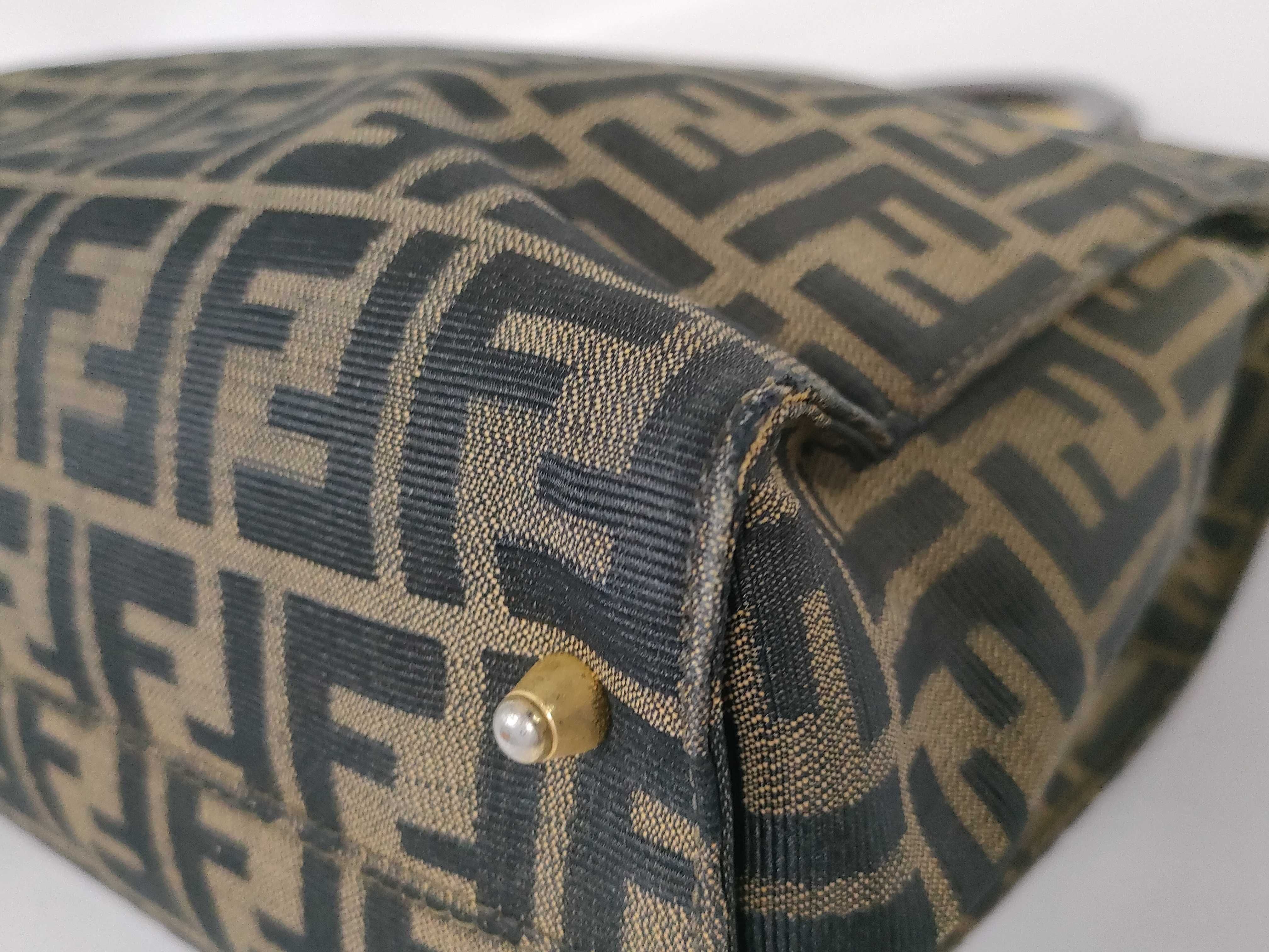 Zucca pattern tote bag/handbag with gold hardware, FF logo, canvas and leather, brown. — view 6