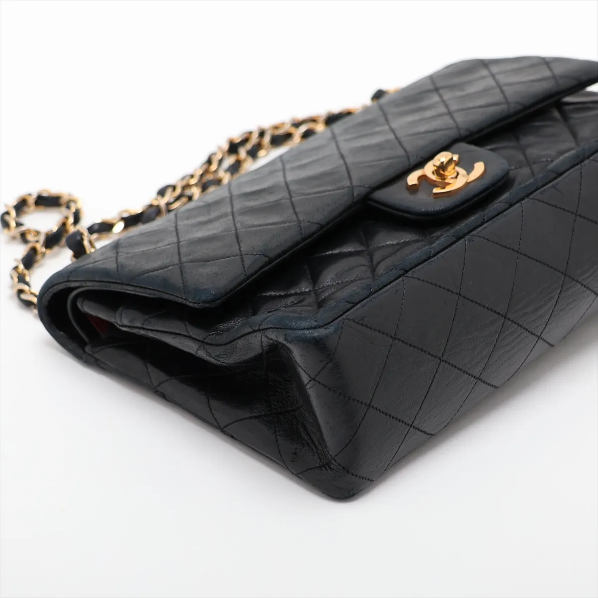 Matelassé 25 Lambskin Double Flap Double Chain Bag, Black with Gold Hardware, A01112 — view 4