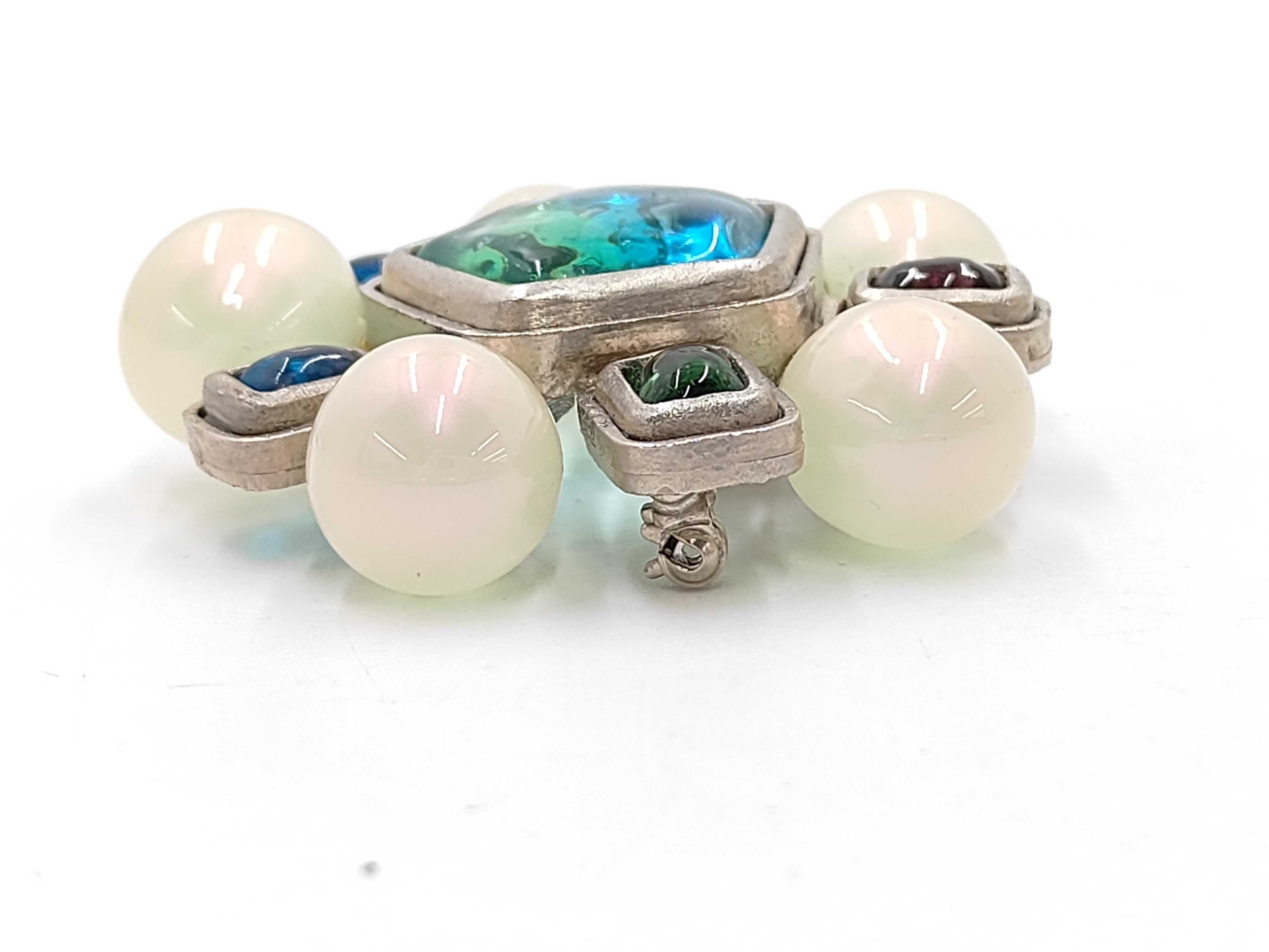 Gripoix Brooch, Pearl Stone, Silver x Blue Brooch — view 2