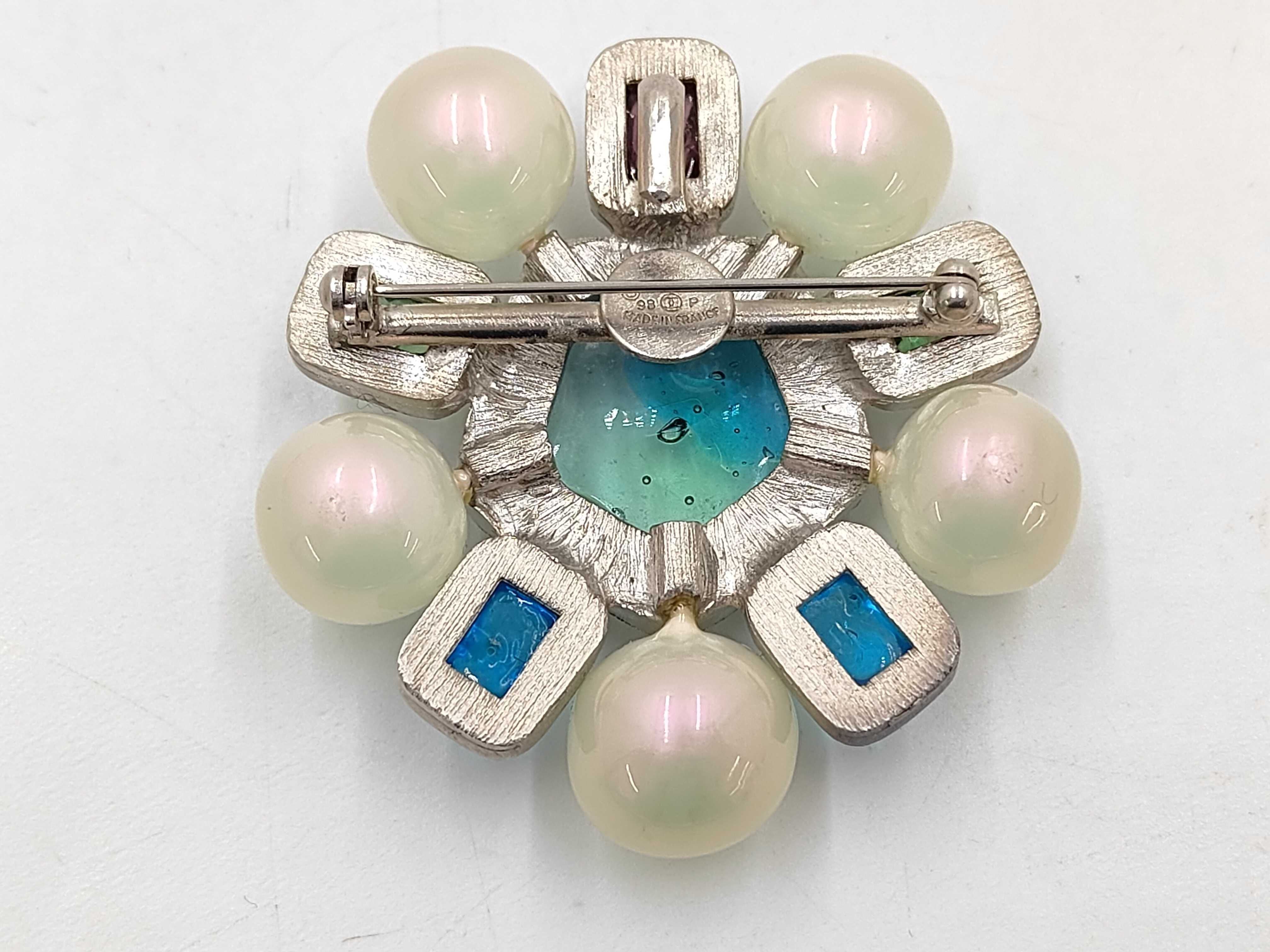 Gripoix Brooch, Pearl Stone, Silver x Blue Brooch — view 3