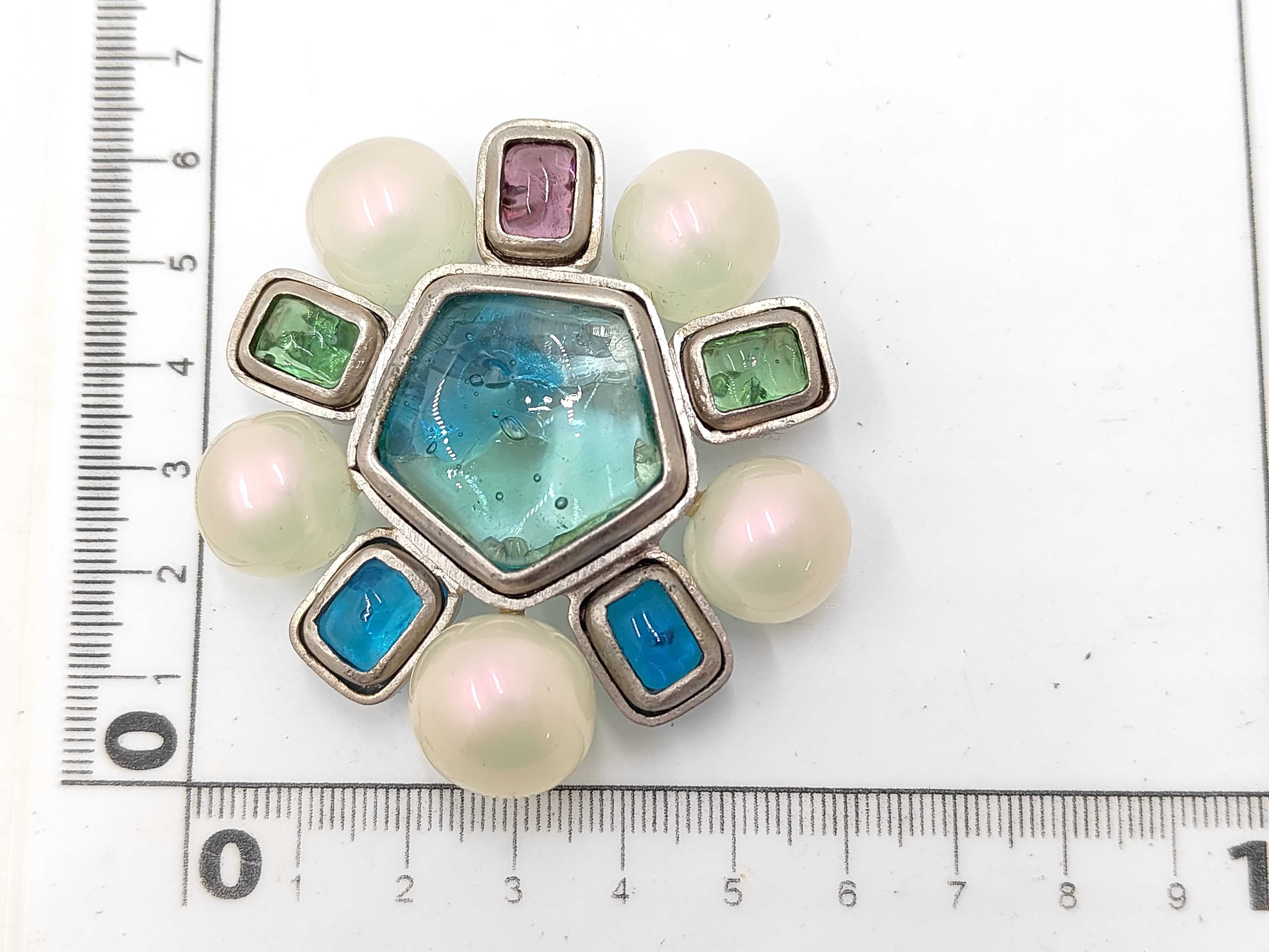 Gripoix Brooch, Pearl Stone, Silver x Blue Brooch — view 6