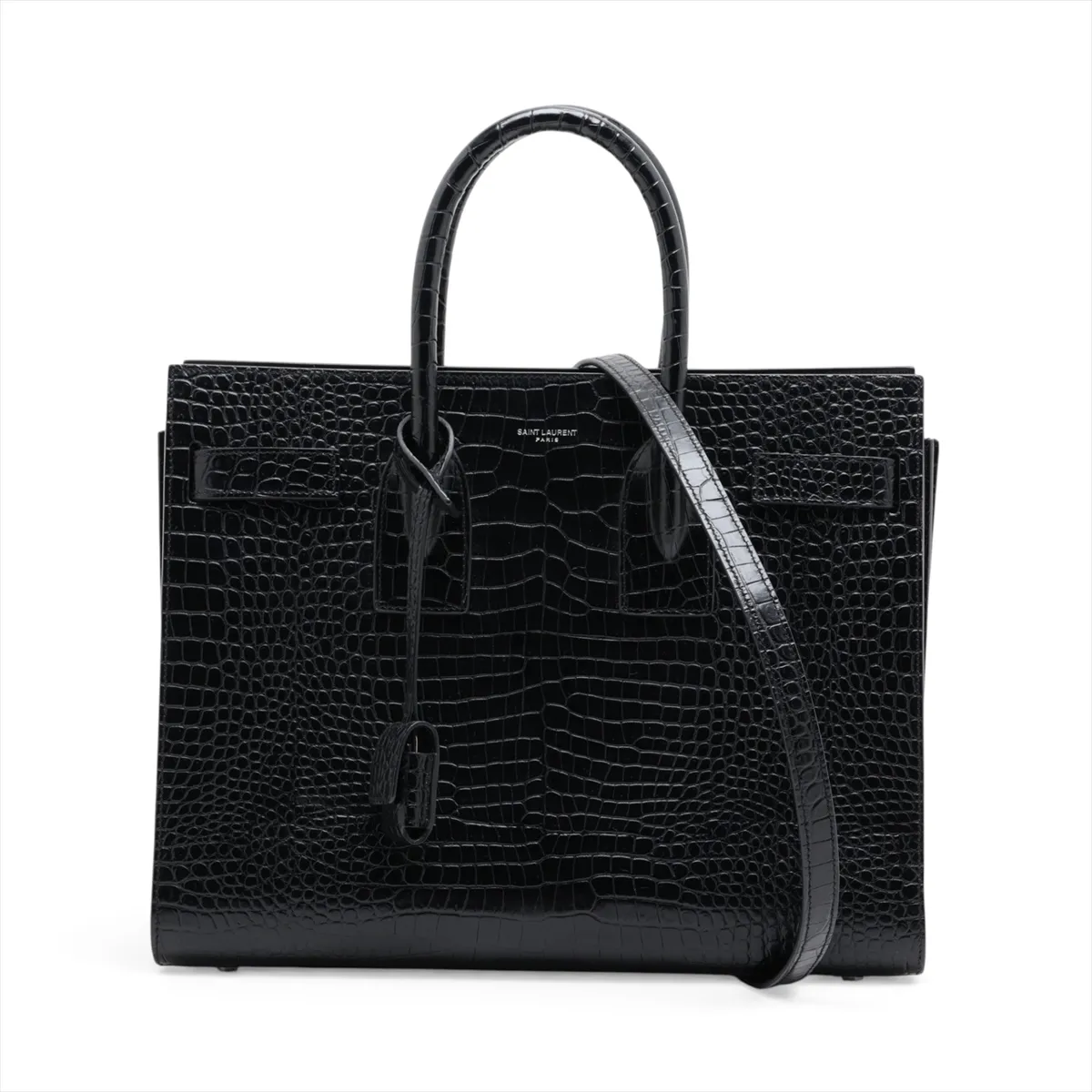 Sac de Jour Crocodile Embossed 2-Way Handbag, Black 378299