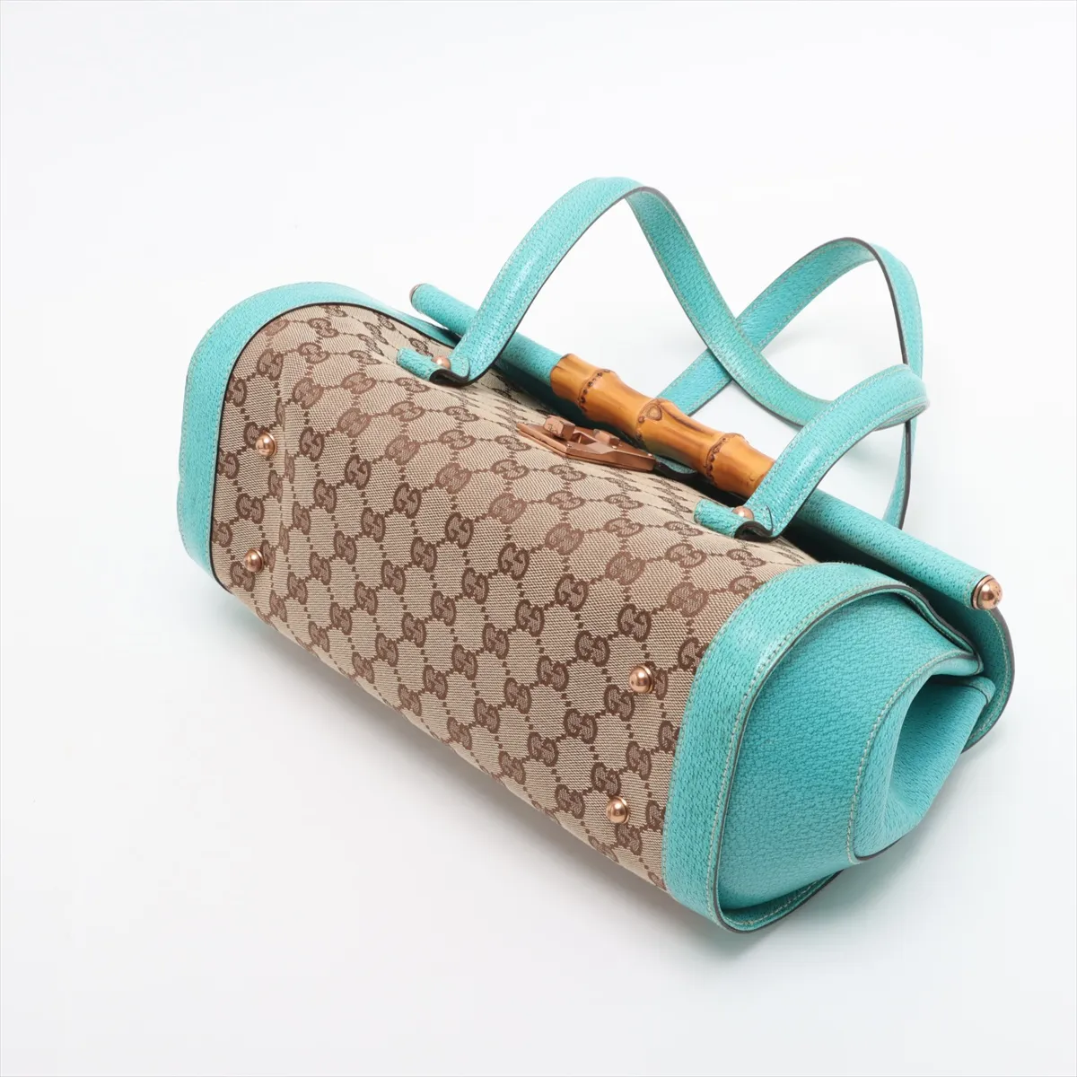 GG canvas bamboo canvas x leather handbag beige x blue 111713 — view 3