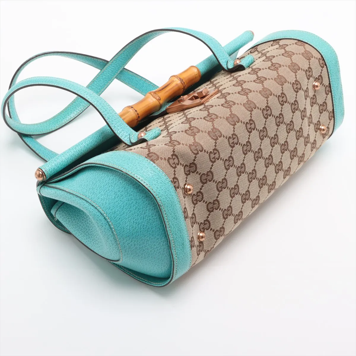 GG canvas bamboo canvas x leather handbag beige x blue 111713 — view 4
