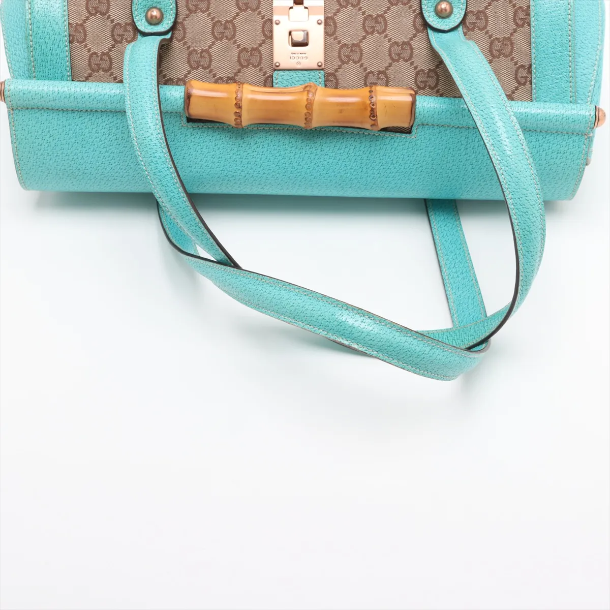 GG canvas bamboo canvas x leather handbag beige x blue 111713 — view 5
