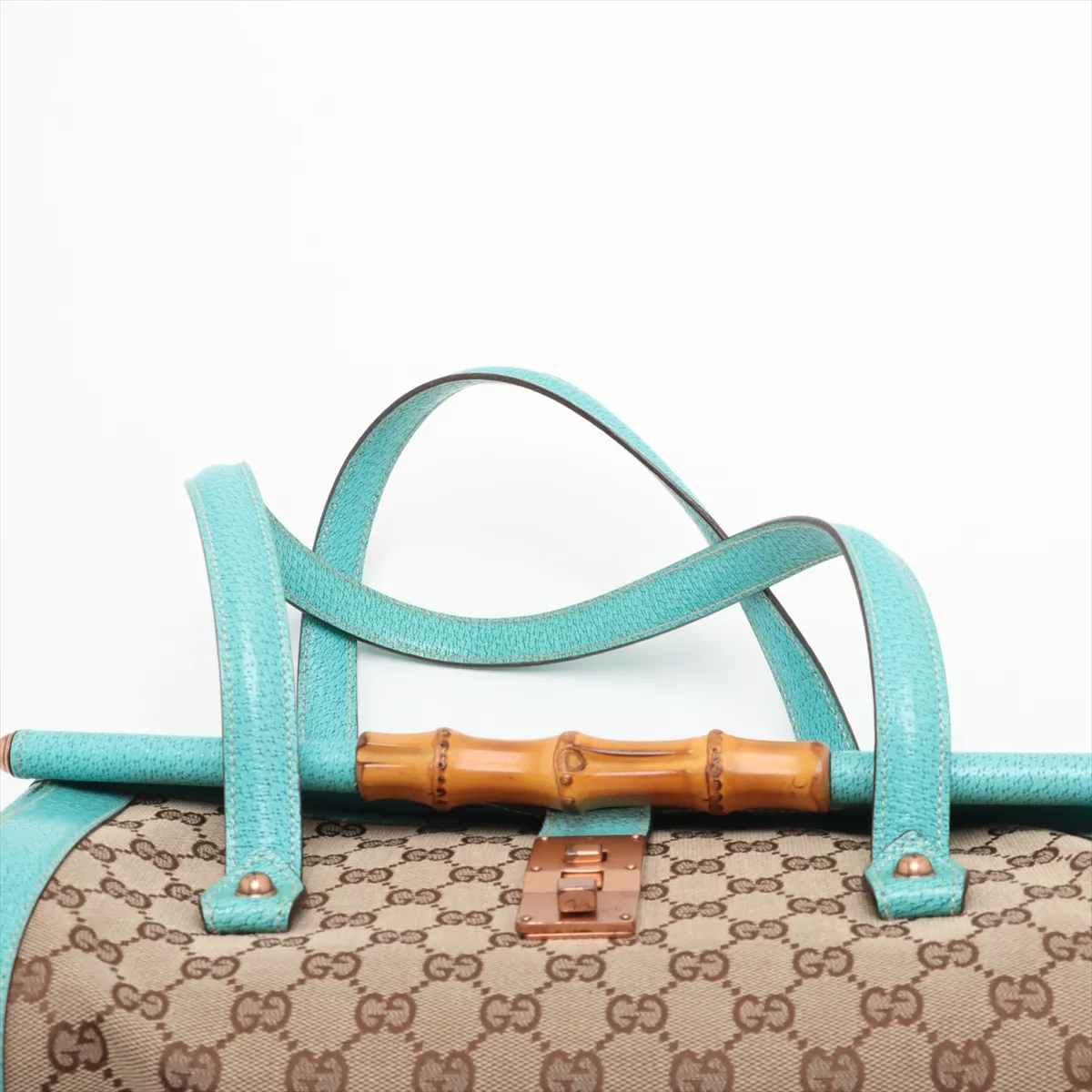 GG canvas bamboo canvas x leather handbag beige x blue 111713 — view 6