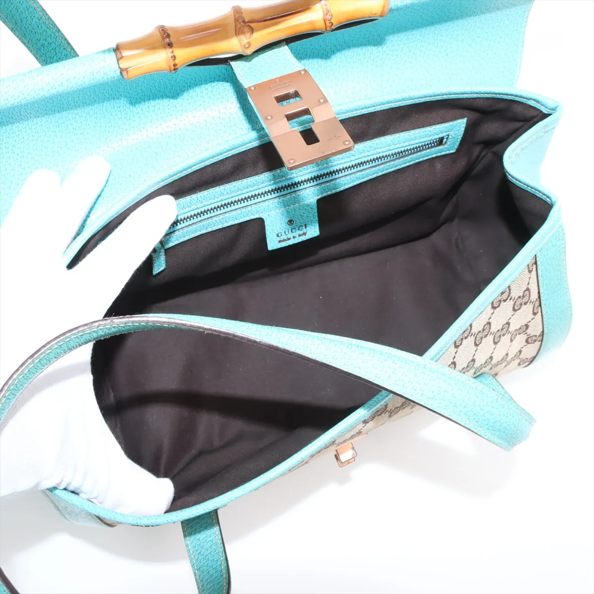 GG canvas bamboo canvas x leather handbag beige x blue 111713 — view 7