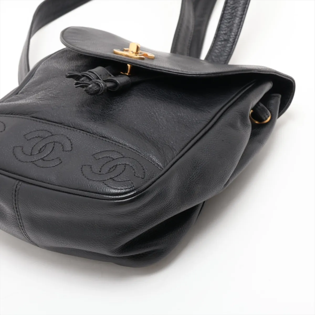 Triple Coco Caviar Skin Chain Backpack, Black with Gold Hardware — view 3