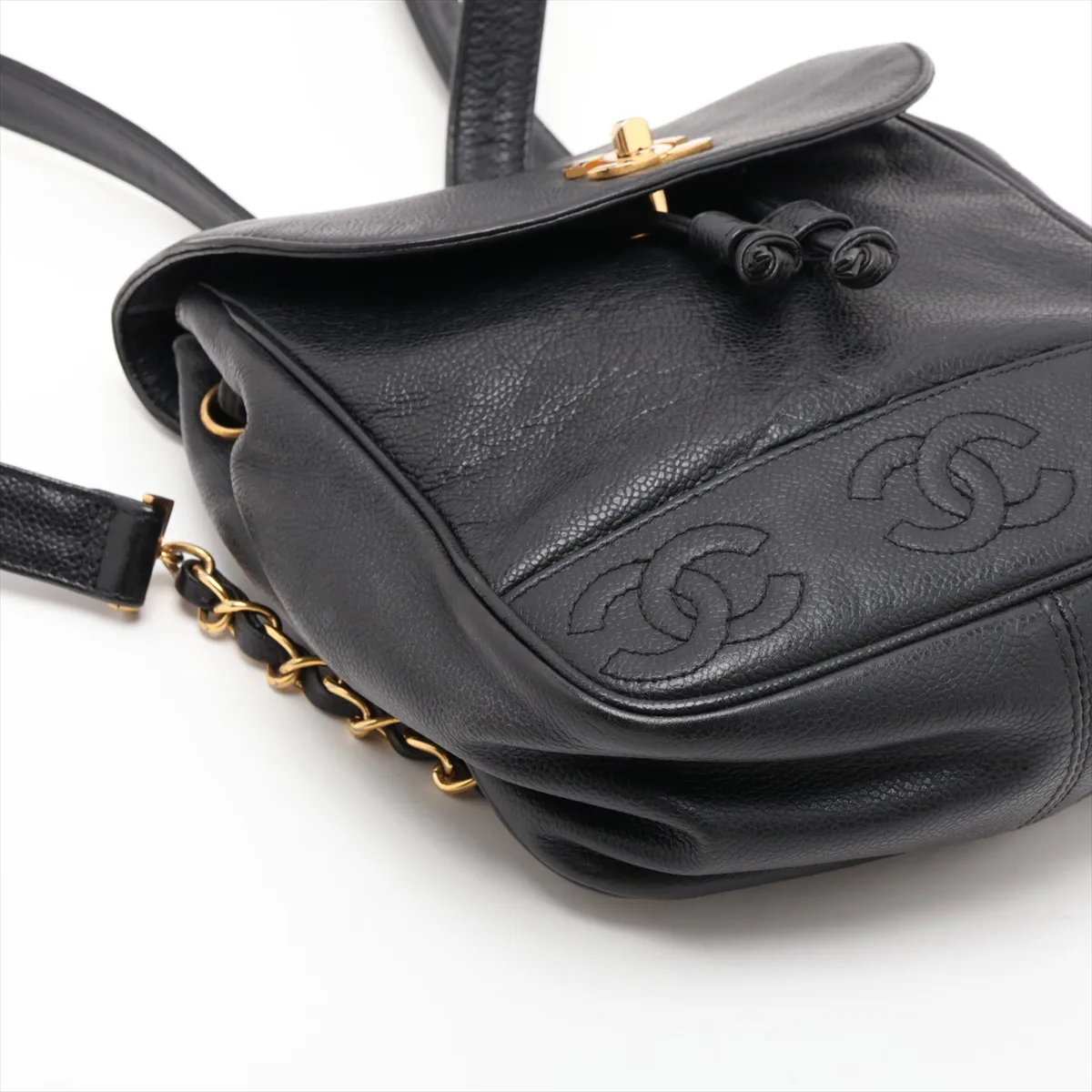 Triple Coco Caviar Skin Chain Backpack, Black with Gold Hardware — view 4