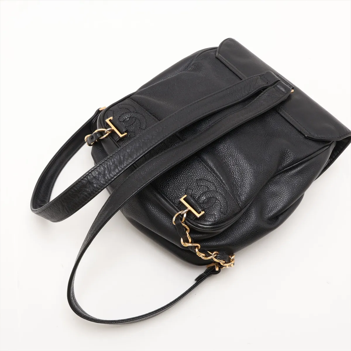 Triple Coco Caviar Skin Chain Backpack, Black with Gold Hardware — view 5