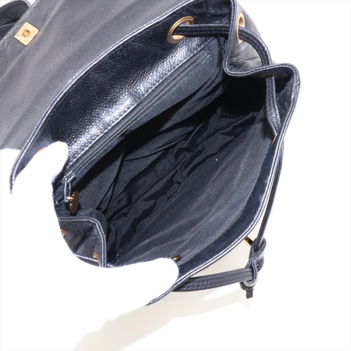 Triple Coco Caviar Skin Chain Backpack, Black with Gold Hardware — view 7