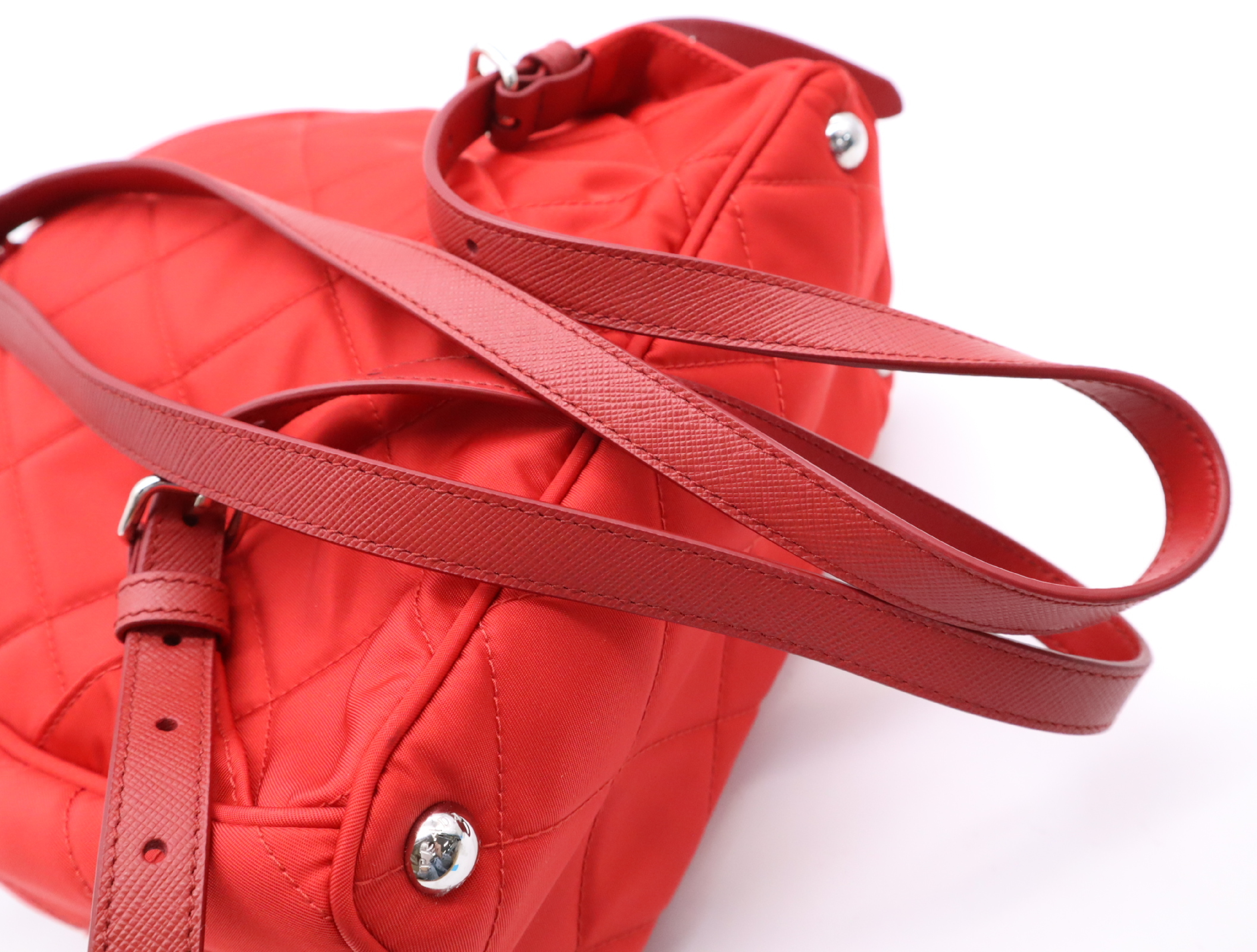 1BZ066 Nylon x Leather Quilted Backpack, Red, with Guarantee Card. — view 9