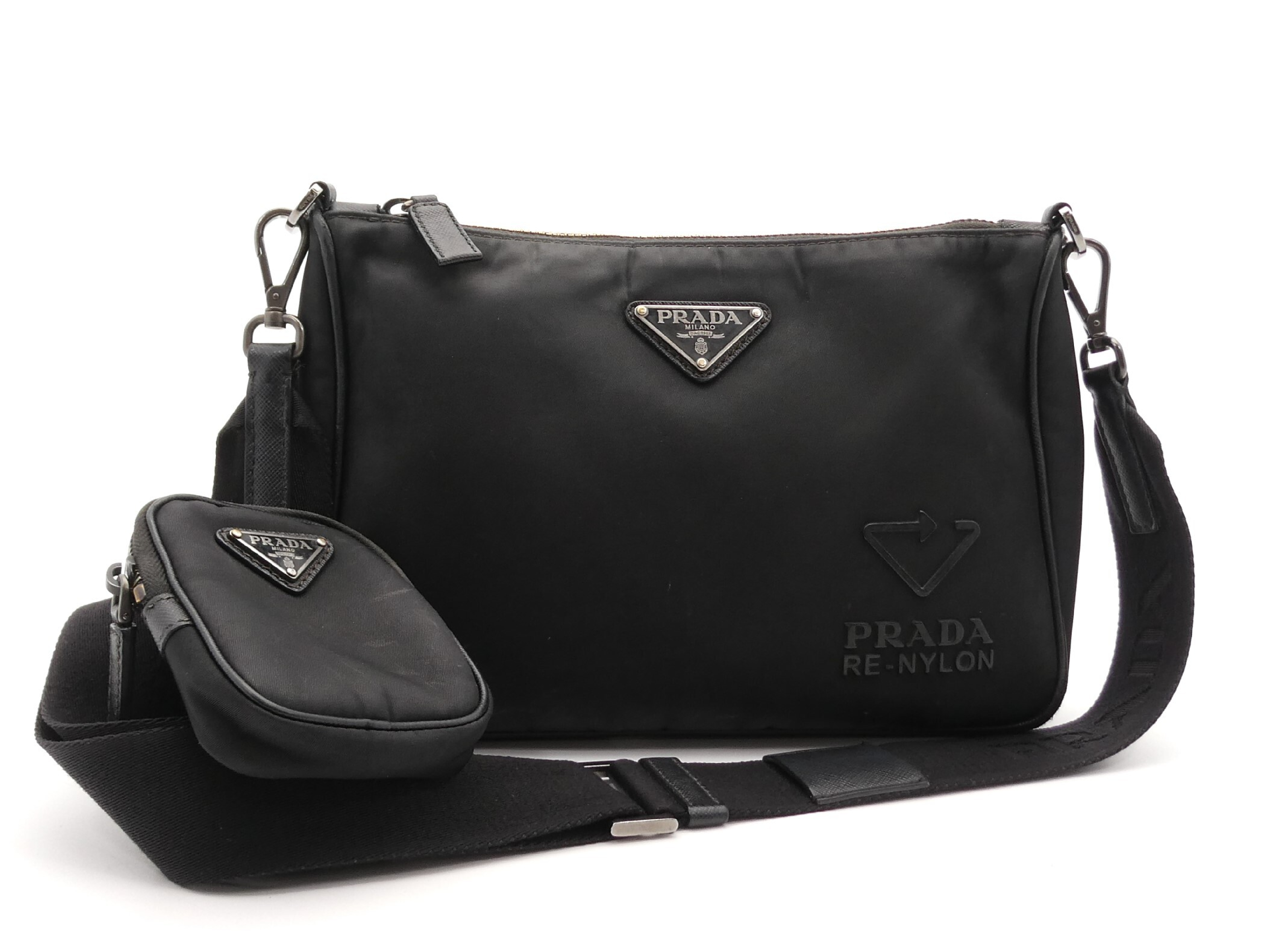 logo plate nylon leather shoulder bag